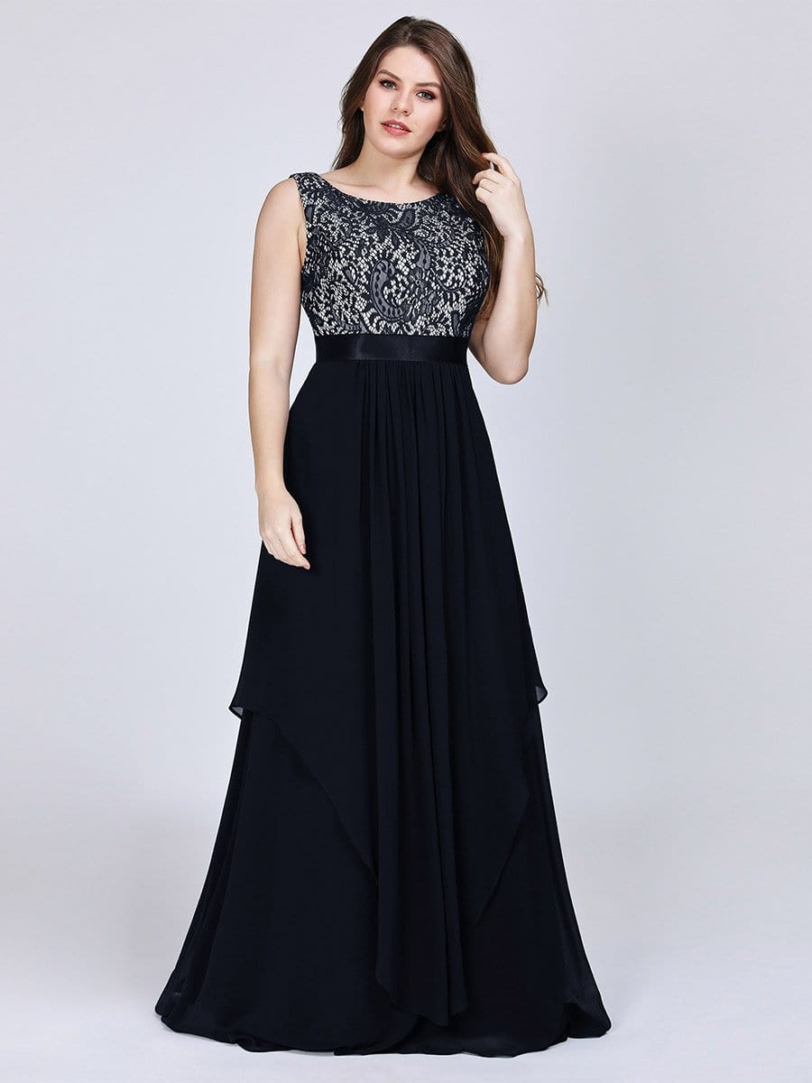 Color=Black | Plus Size Sleeveless Long Evening Dress With Lace Bodice-Black 4 Color=Black | Plus Size Sleeveless Long Evening Dress With Lace Bodice-Black 4