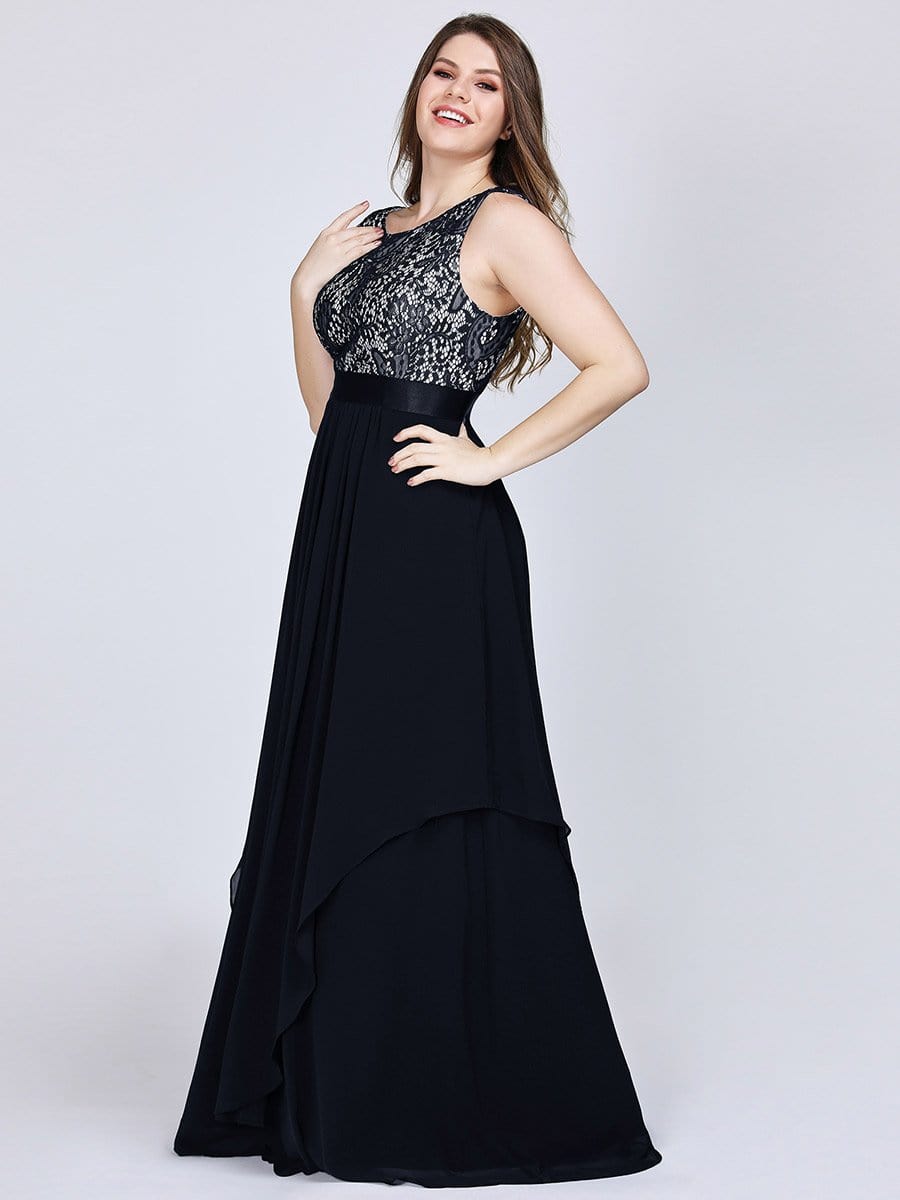 Color=Black | Plus Size Sleeveless Long Evening Dress With Lace Bodice-Black 5 Color=Black | Plus Size Sleeveless Long Evening Dress With Lace Bodice-Black 5