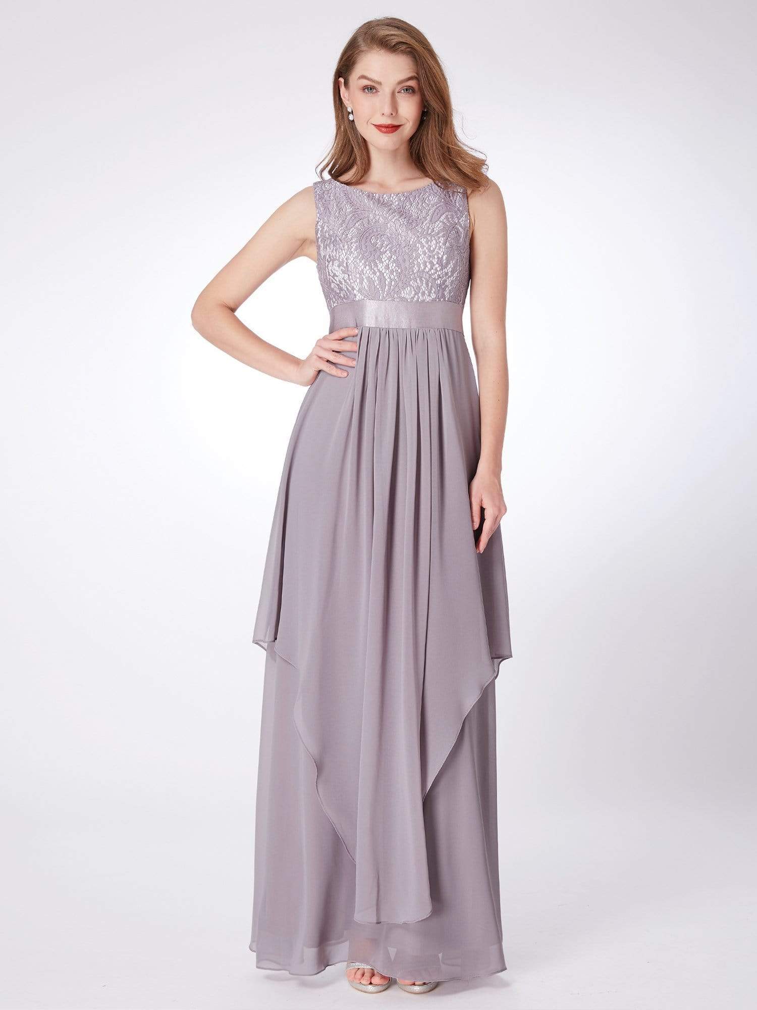 Color=Grey | Sleeveless Long Evening Dress With Lace Bodice-Grey 1 Color=Grey | Sleeveless Long Evening Dress With Lace Bodice-Grey 1