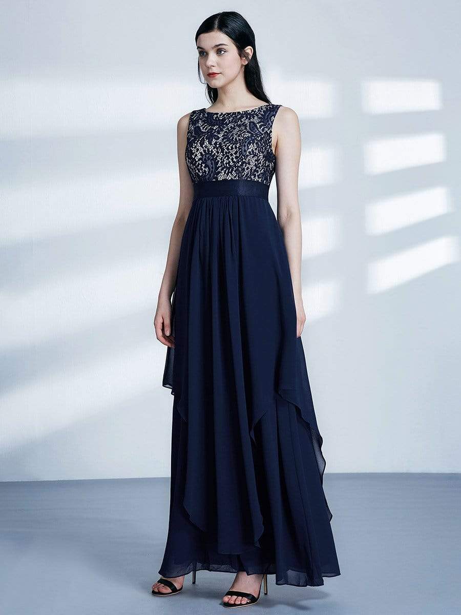 COLOR=Navy Blue | Sleeveless Long Evening Dress With Lace Bodice-Navy Blue 4 COLOR=Navy Blue | Sleeveless Long Evening Dress With Lace Bodice-Navy Blue 4
