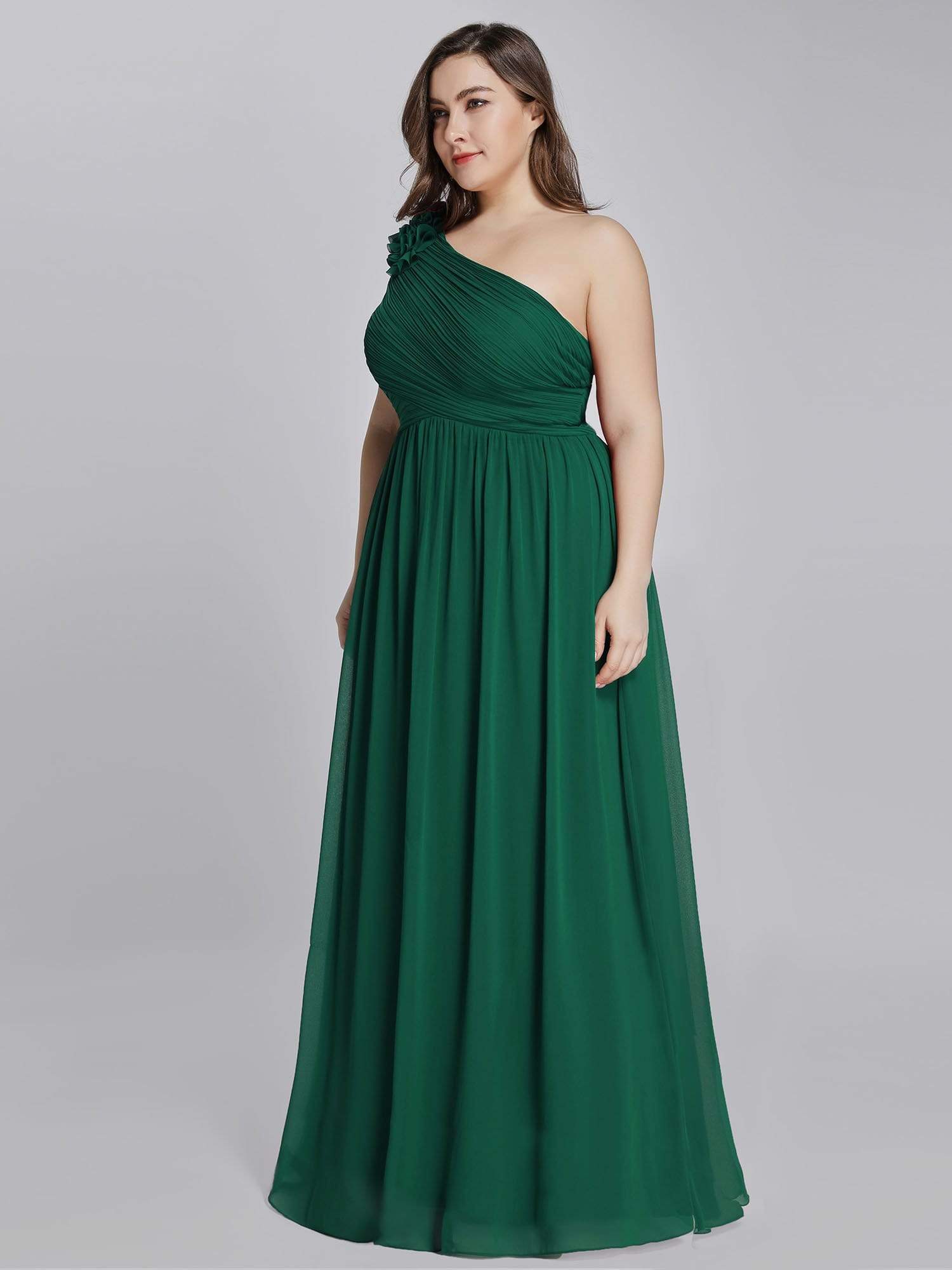 Color=Dark Green | Plus Size Ruched One Shoulder Evening Dress-Dark Green 3 Color=Dark Green | Plus Size Ruched One Shoulder Evening Dress-Dark Green 3
