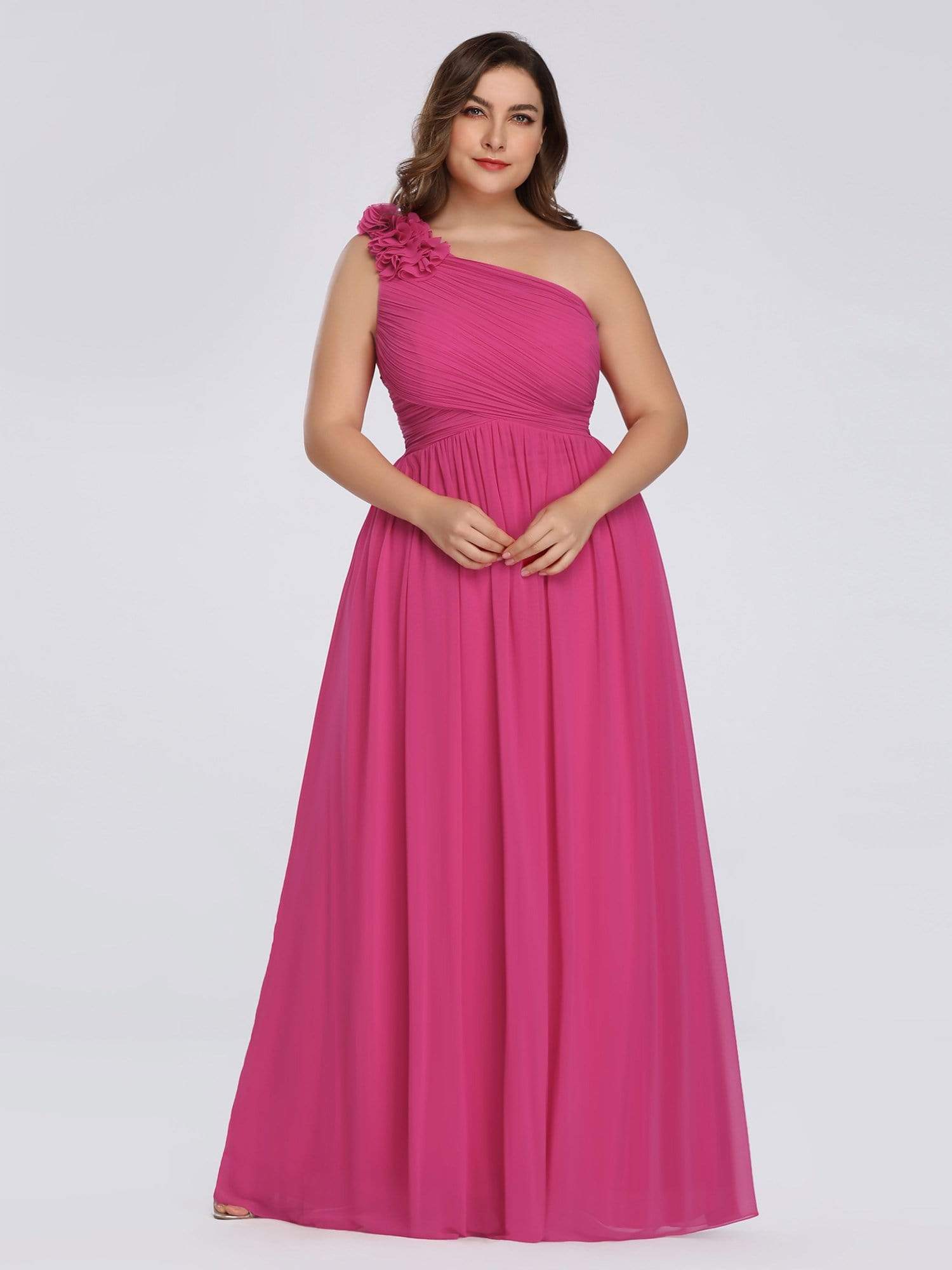 Color=Hot Pink | Plus Size Ruched One Shoulder Evening Dress-Hot Pink 3 Color=Hot Pink | Plus Size Ruched One Shoulder Evening Dress-Hot Pink 3