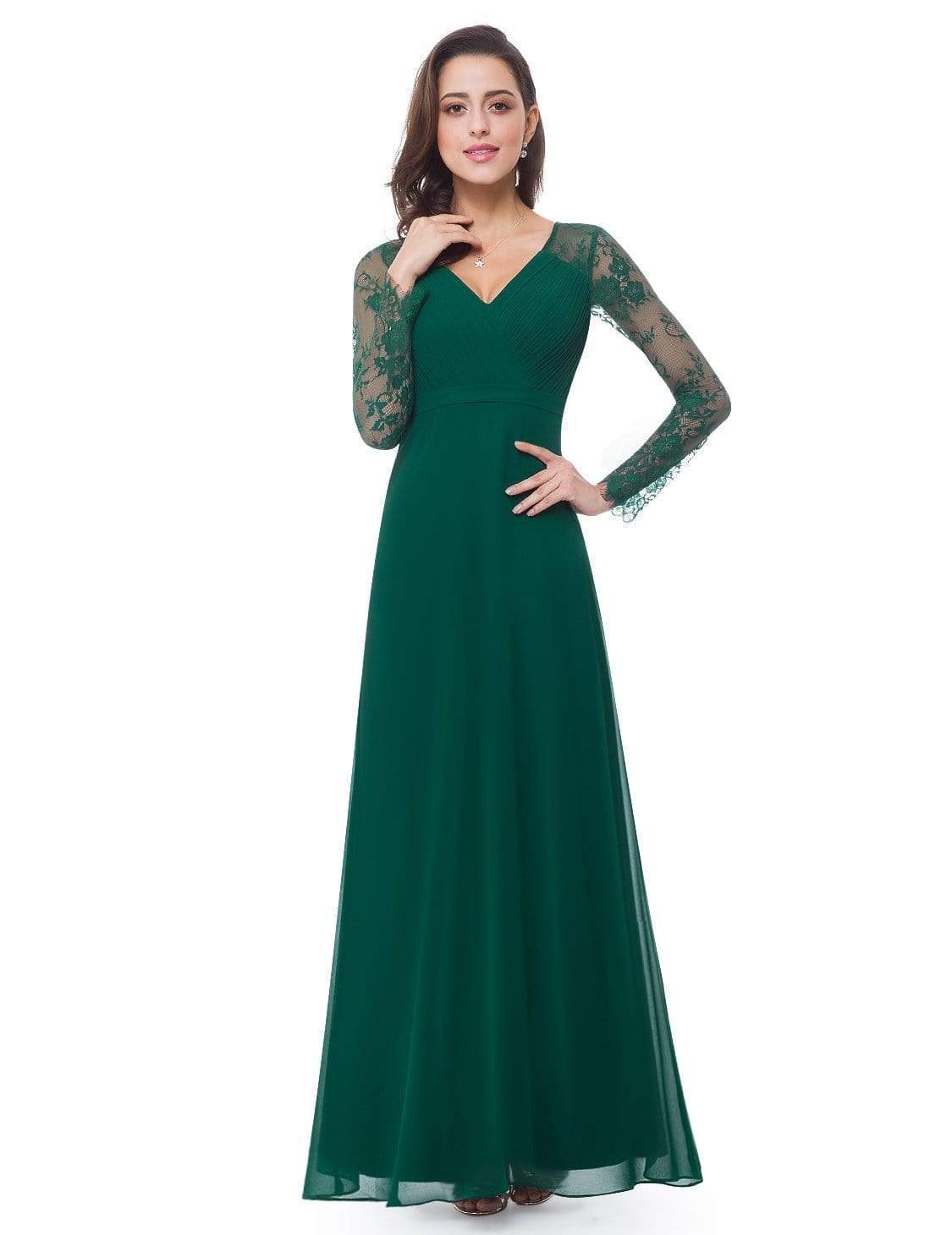 Color=Dark Green | V Neck Long Evening Gown With Lace Sleeves-Dark Green 4 Color=Dark Green | V Neck Long Evening Gown With Lace Sleeves-Dark Green 4