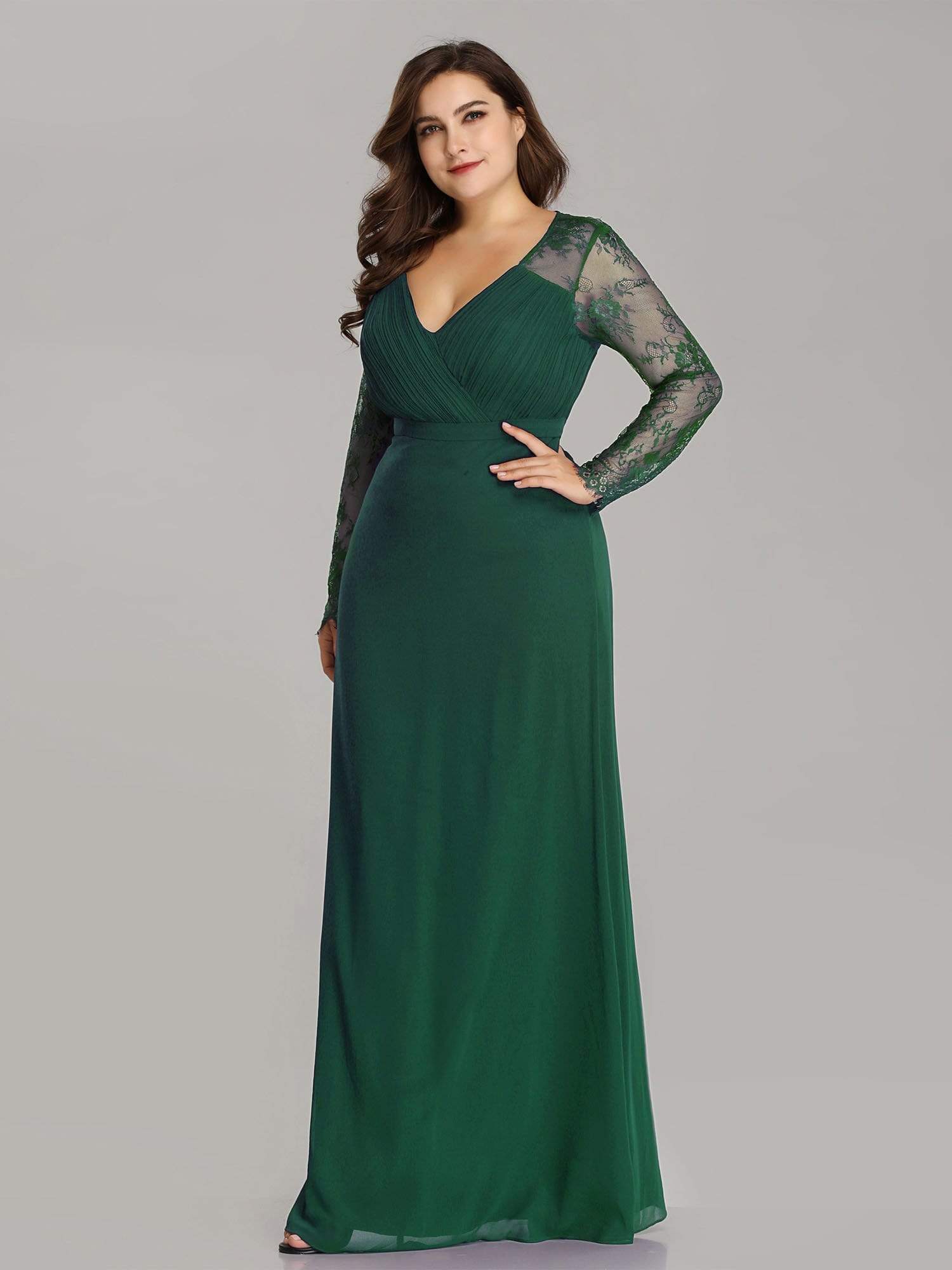 Color=Dark Green | Plus Size V Neck Long Evening Gown With Lace Sleeves-Dark Green 3 Color=Dark Green | Plus Size V Neck Long Evening Gown With Lace Sleeves-Dark Green 3