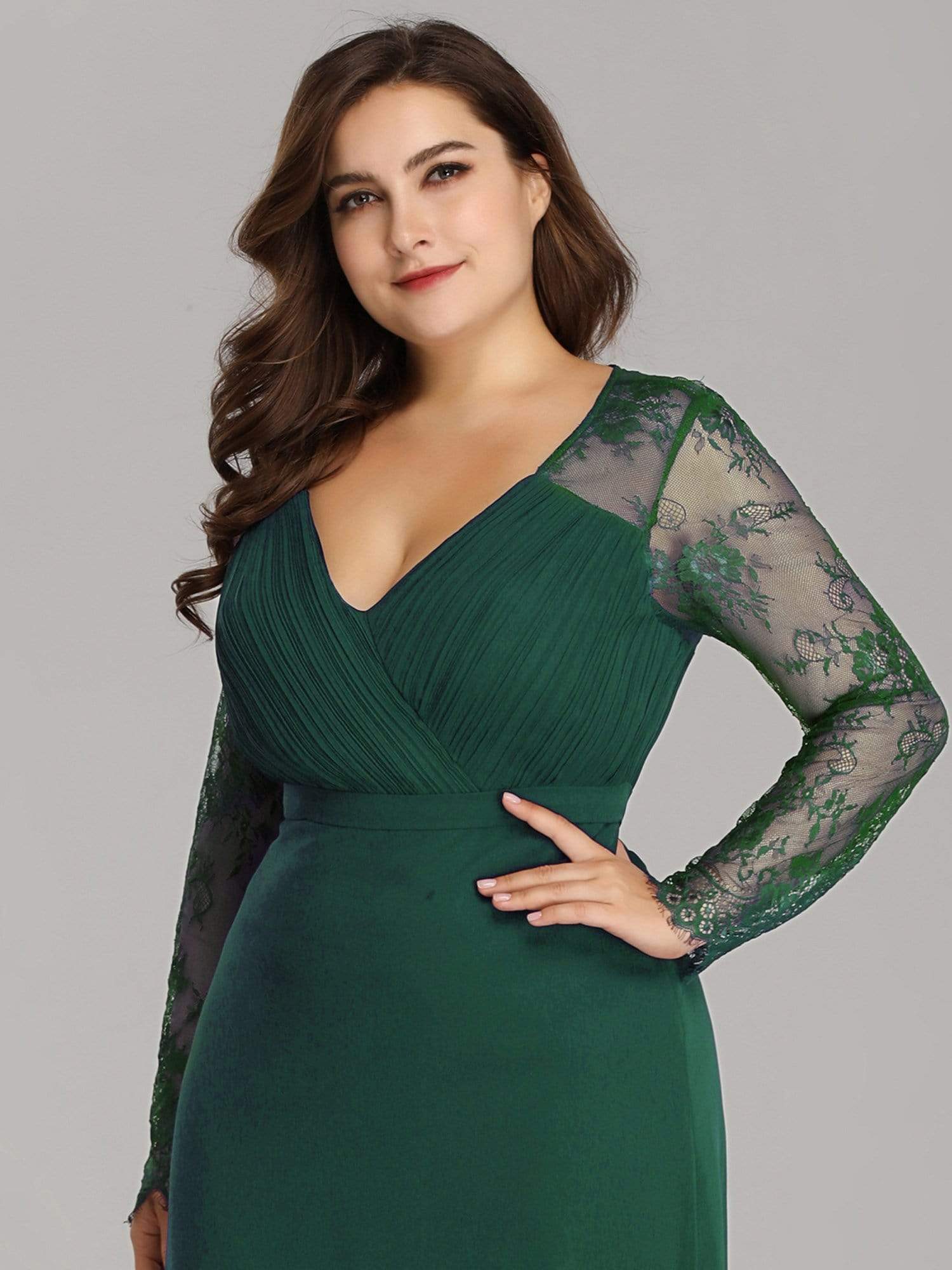 Color=Dark Green | Plus Size V Neck Long Evening Gown With Lace Sleeves-Dark Green 5 Color=Dark Green | Plus Size V Neck Long Evening Gown With Lace Sleeves-Dark Green 5