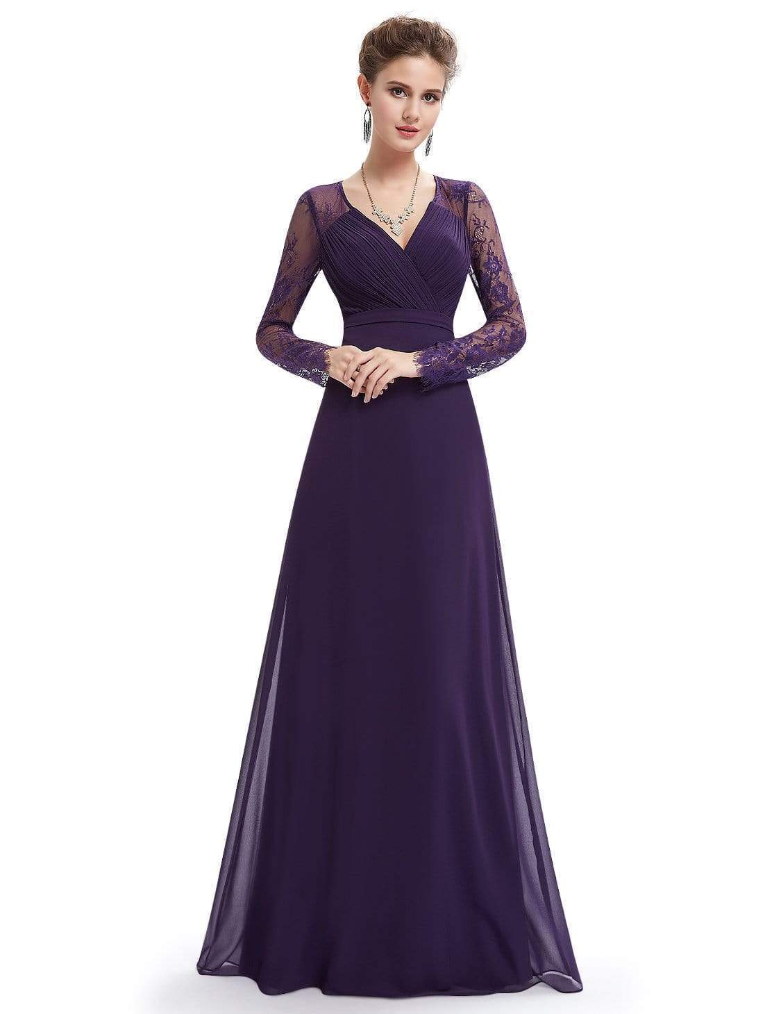 Color=Dark Purple | V Neck Long Evening Gown With Lace Sleeves-Dark Purple 3 Color=Dark Purple | V Neck Long Evening Gown With Lace Sleeves-Dark Purple 3
