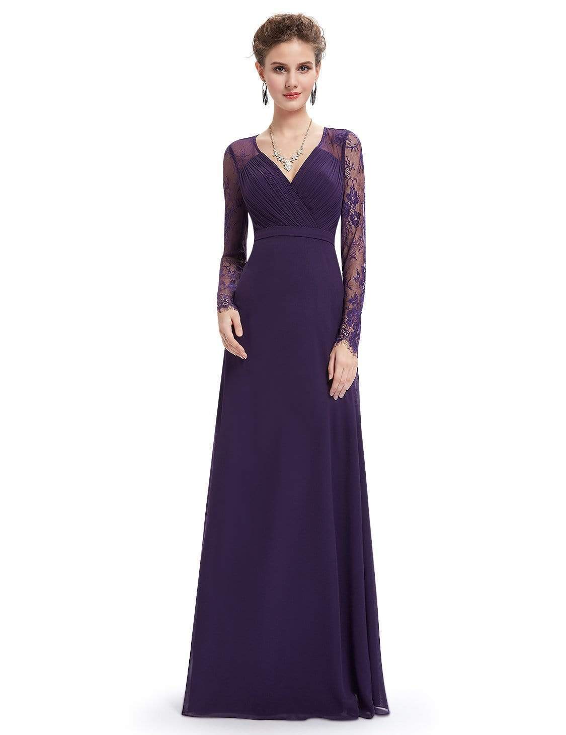 Color=Dark Purple | V Neck Long Evening Gown With Lace Sleeves-Dark Purple 1 Color=Dark Purple | V Neck Long Evening Gown With Lace Sleeves-Dark Purple 1