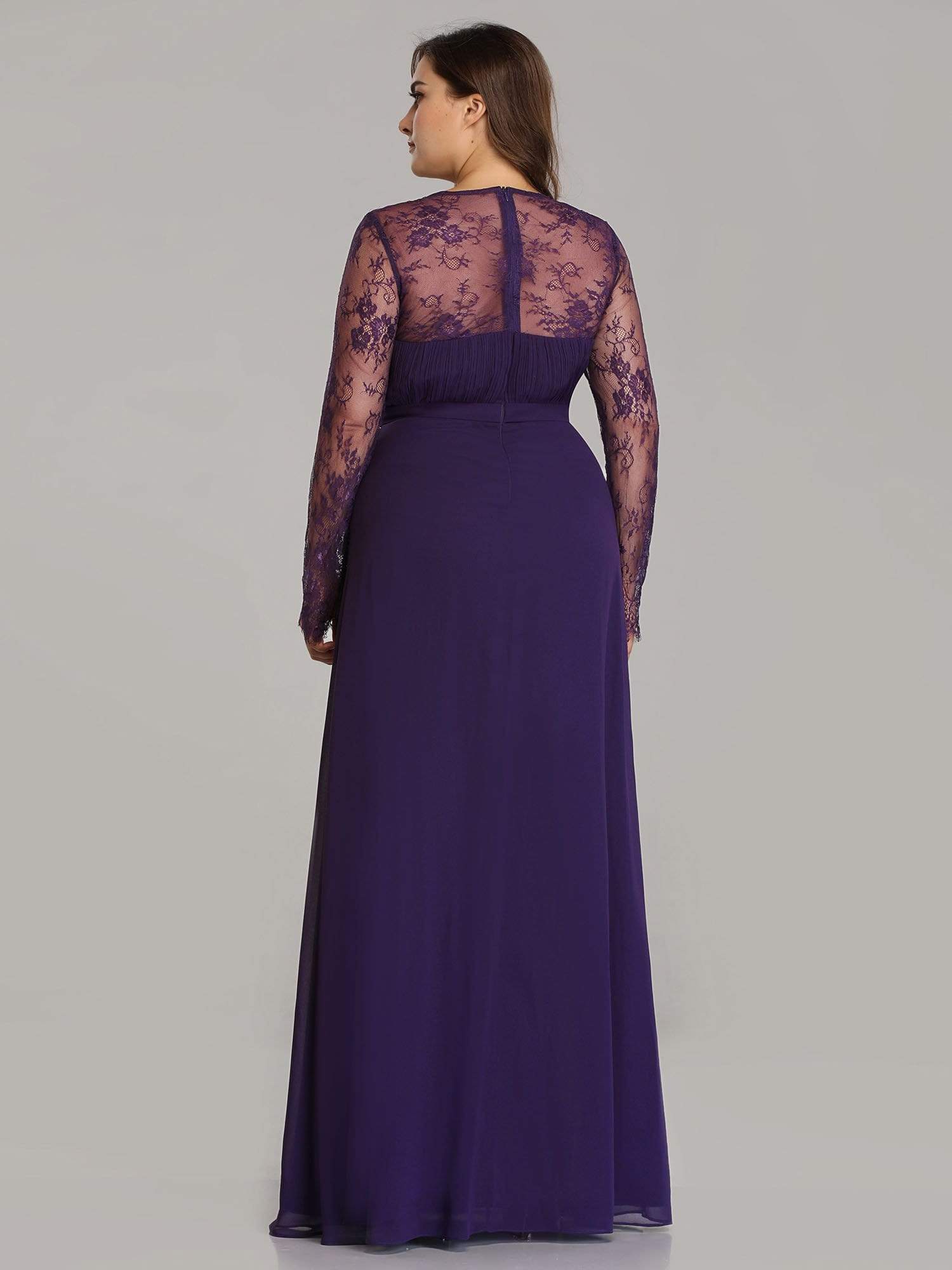 Color=Dark Purple | V Neck Long Evening Gown With Lace Sleeves-Dark Purple 7 Color=Dark Purple | V Neck Long Evening Gown With Lace Sleeves-Dark Purple 7