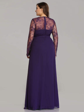Color=Dark Purple | V Neck Long Evening Gown With Lace Sleeves-Dark Purple 7