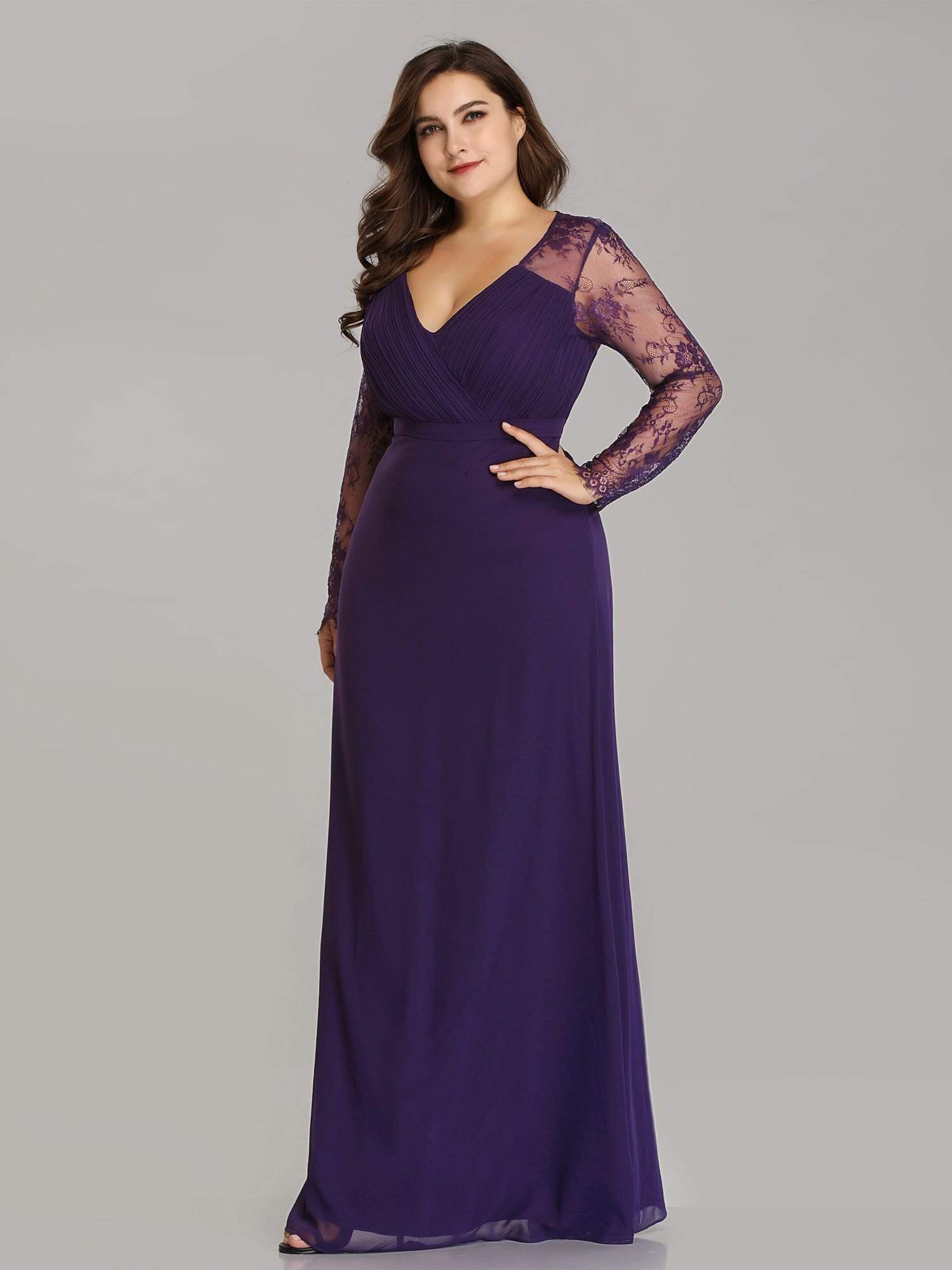 Color=Dark Purple | V Neck Long Evening Gown With Lace Sleeves-Dark Purple 8