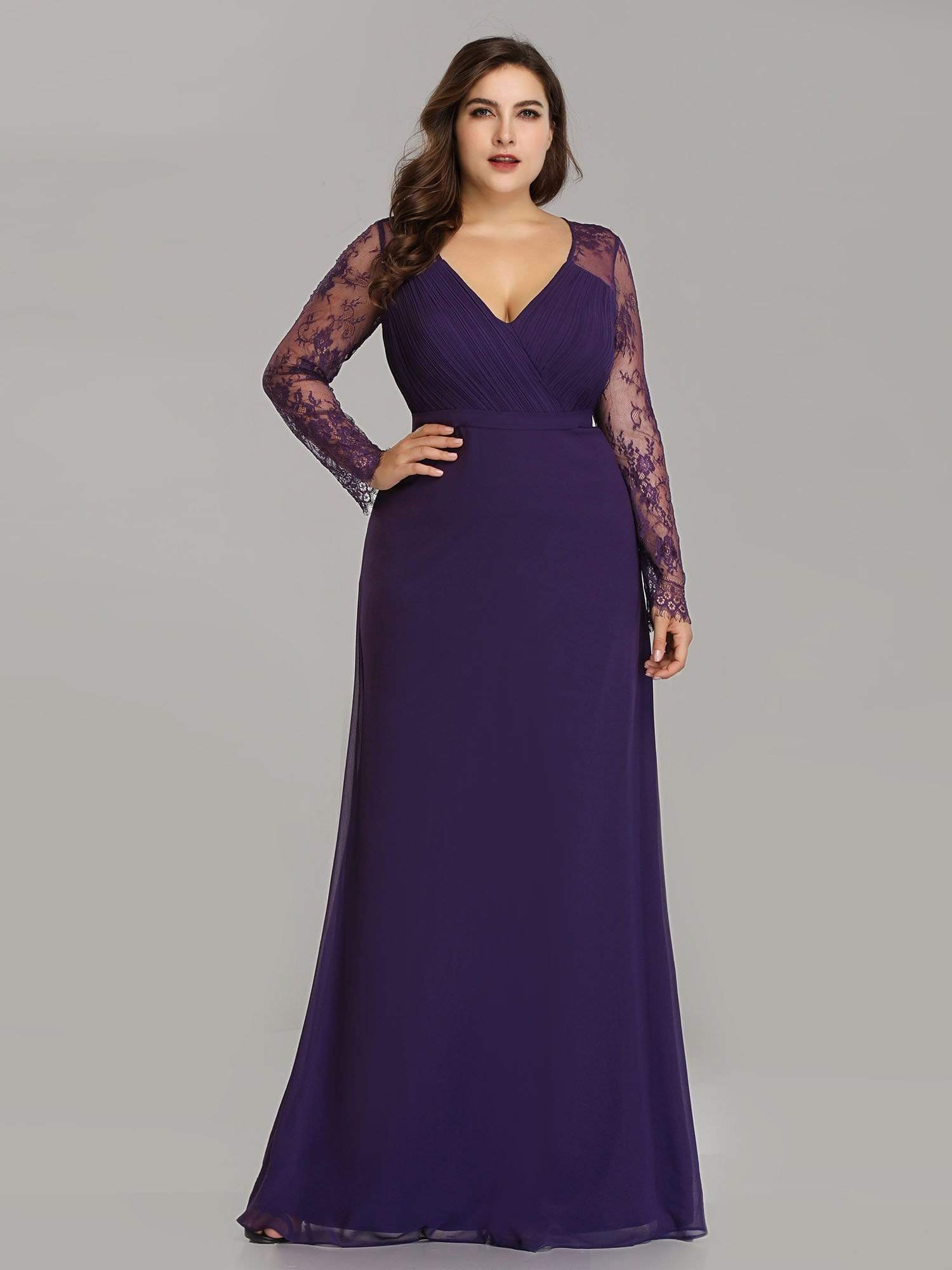 Color=Dark Purple | V Neck Long Evening Gown With Lace Sleeves-Dark Purple 6 Color=Dark Purple | V Neck Long Evening Gown With Lace Sleeves-Dark Purple 6