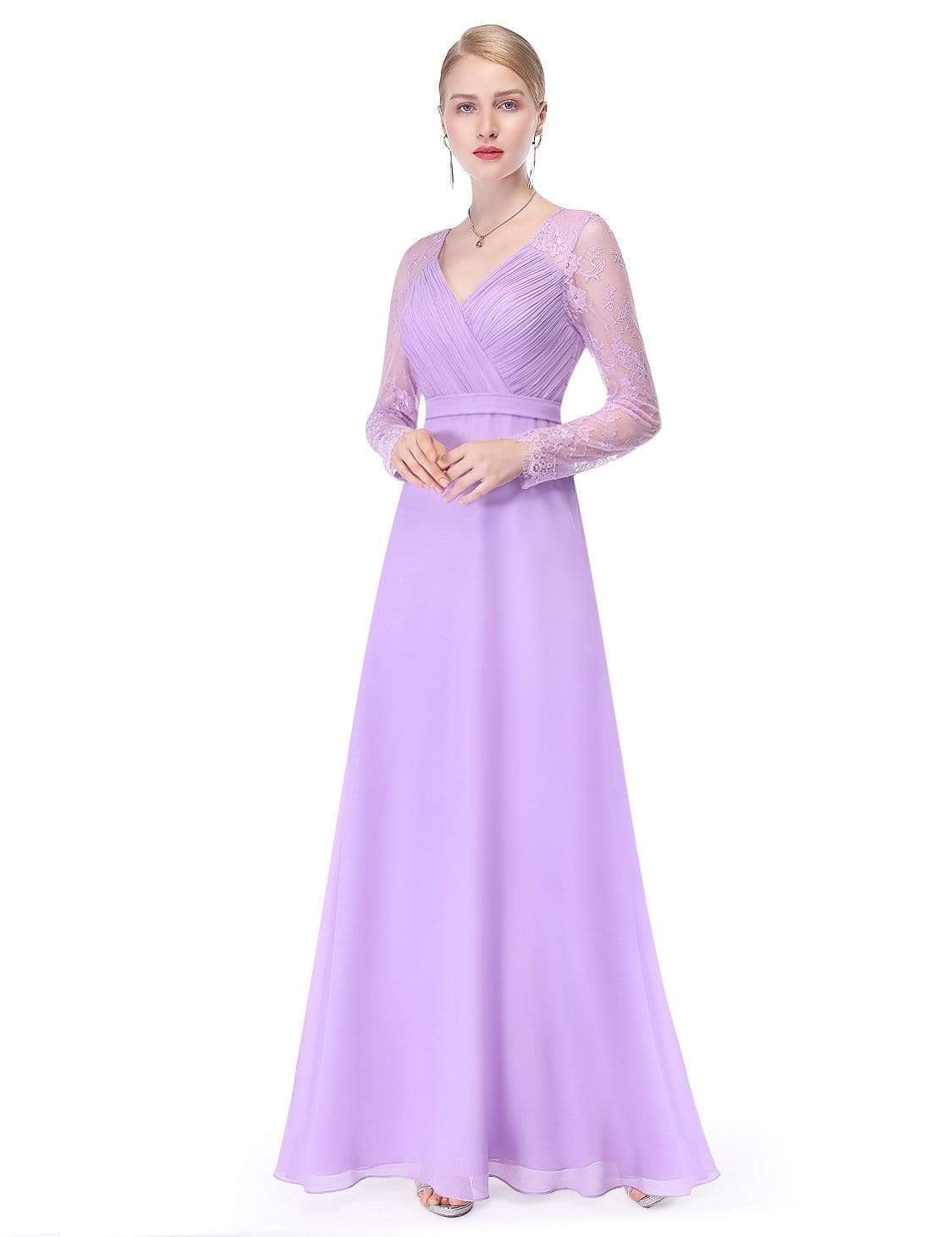 Color=Lavender | V Neck Long Evening Gown With Lace Sleeves-Lavender 3 Color=Lavender | V Neck Long Evening Gown With Lace Sleeves-Lavender 3