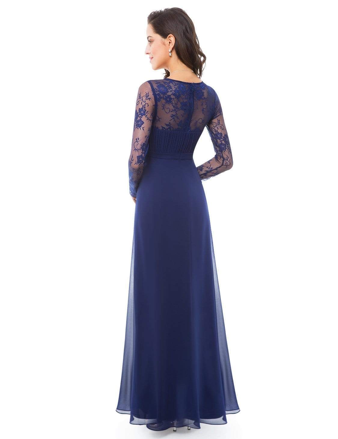 Color=Navy Blue | V Neck Long Evening Gown With Lace Sleeves-Navy Blue 2 Color=Navy Blue | V Neck Long Evening Gown With Lace Sleeves-Navy Blue 2