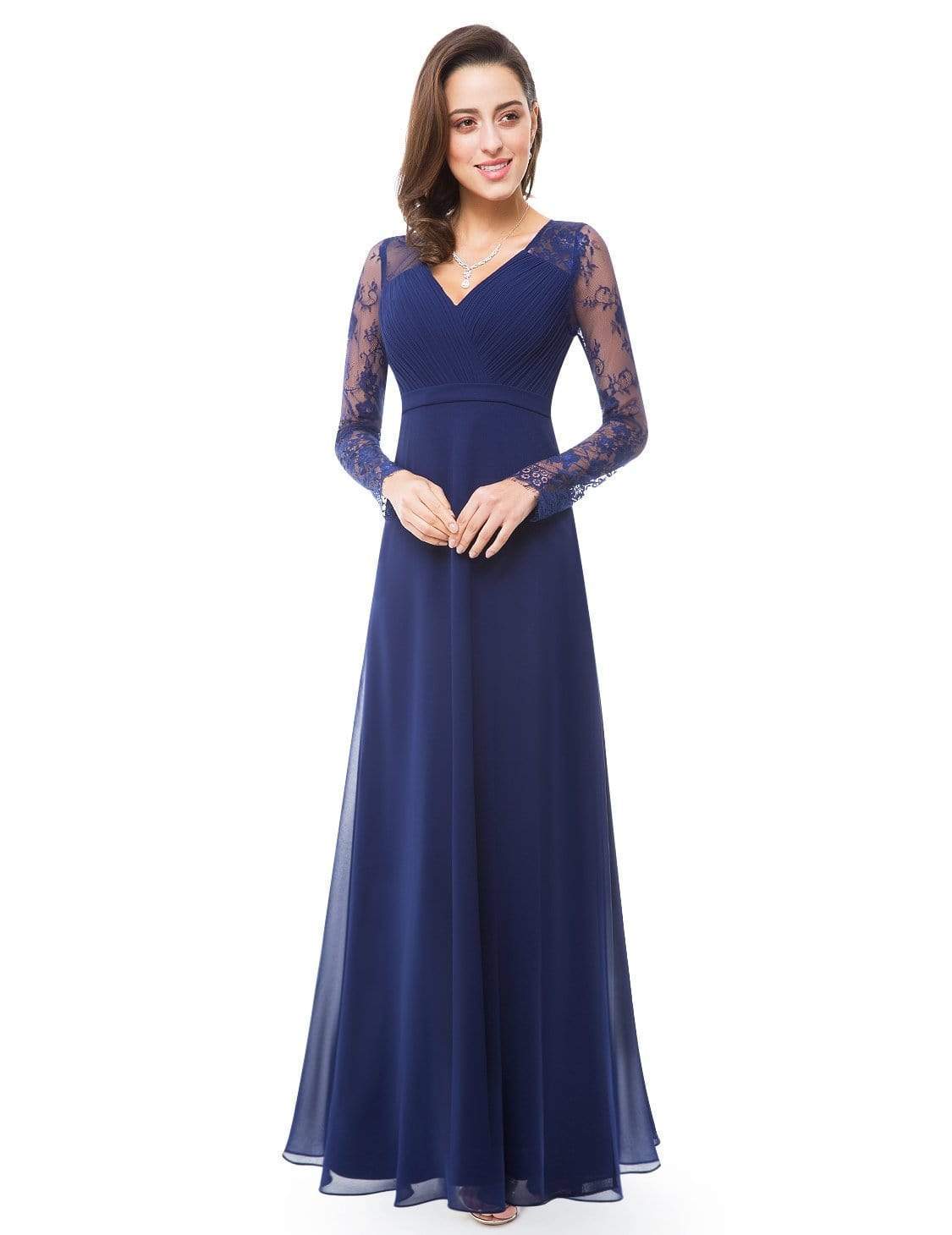 Color=Navy Blue | V Neck Long Evening Gown With Lace Sleeves-Navy Blue 4 Color=Navy Blue | V Neck Long Evening Gown With Lace Sleeves-Navy Blue 4