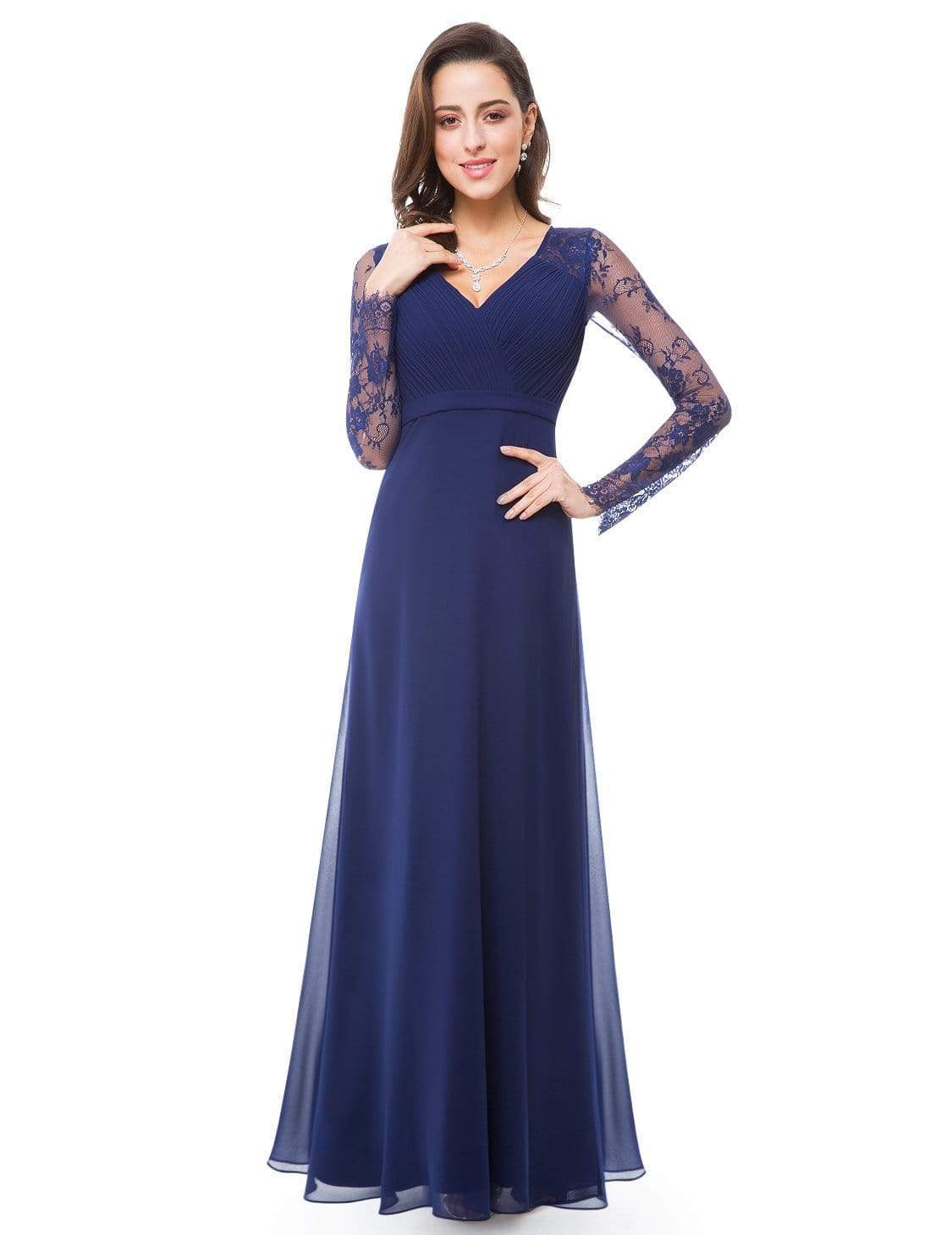 Color=Navy Blue | V Neck Long Evening Gown With Lace Sleeves-Navy Blue 1 Color=Navy Blue | V Neck Long Evening Gown With Lace Sleeves-Navy Blue 1
