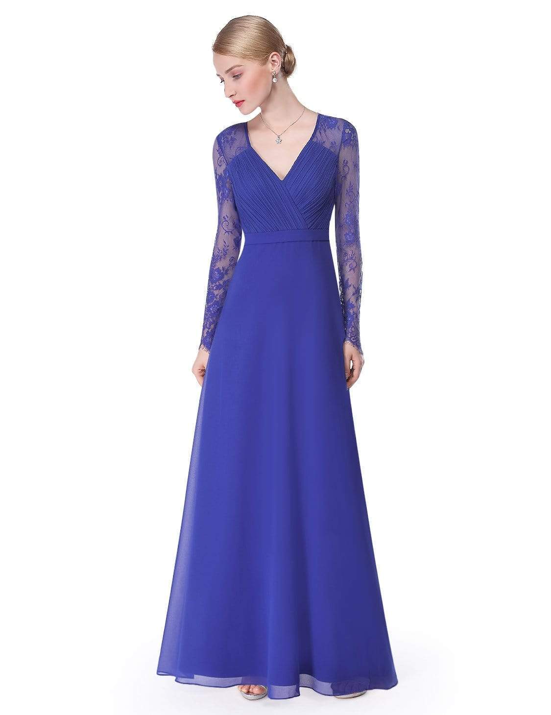 Color=Sapphire Blue | V Neck Long Evening Gown With Lace Sleeves-Sapphire Blue 3 Color=Sapphire Blue | V Neck Long Evening Gown With Lace Sleeves-Sapphire Blue 3