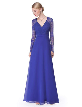 Color=Sapphire Blue | V Neck Long Evening Gown With Lace Sleeves-Sapphire Blue 3