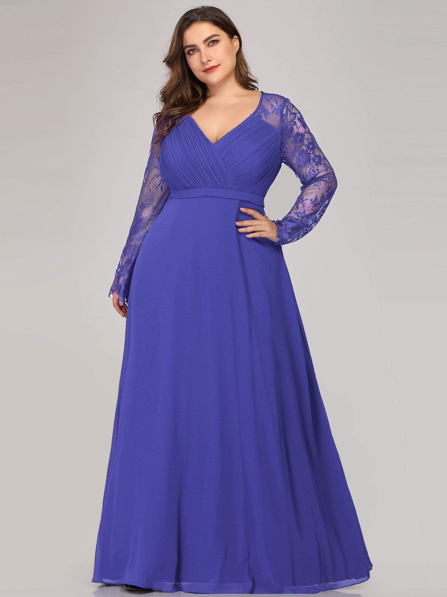 Color=Sapphire Blue | V Neck Long Evening Gown With Lace Sleeves-Sapphire Blue 7 Color=Sapphire Blue | V Neck Long Evening Gown With Lace Sleeves-Sapphire Blue 7