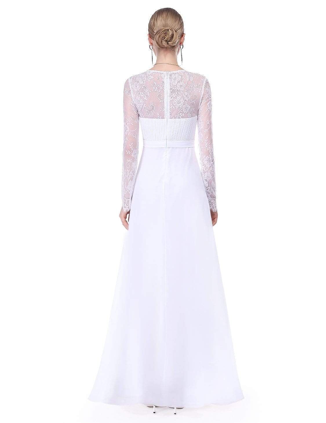 Color=White | V Neck Long Evening Gown With Lace Sleeves-White 2 Color=White | V Neck Long Evening Gown With Lace Sleeves-White 2