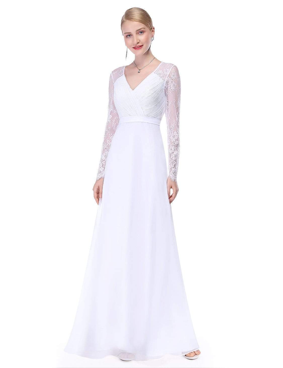 Color=White | V Neck Long Evening Gown With Lace Sleeves-White 1 Color=White | V Neck Long Evening Gown With Lace Sleeves-White 1