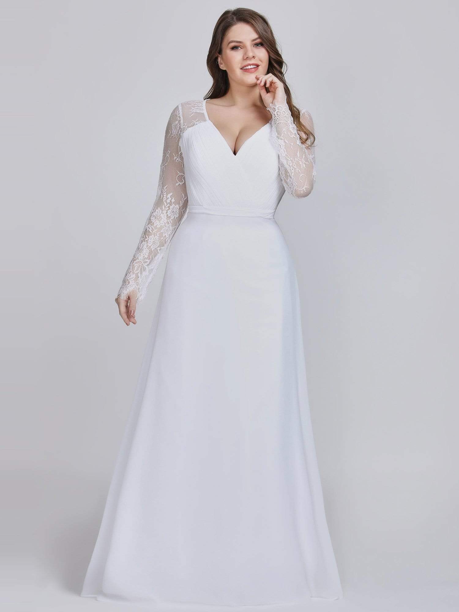 Color=White | V Neck Long Evening Gown With Lace Sleeves-White 8 Color=White | V Neck Long Evening Gown With Lace Sleeves-White 8