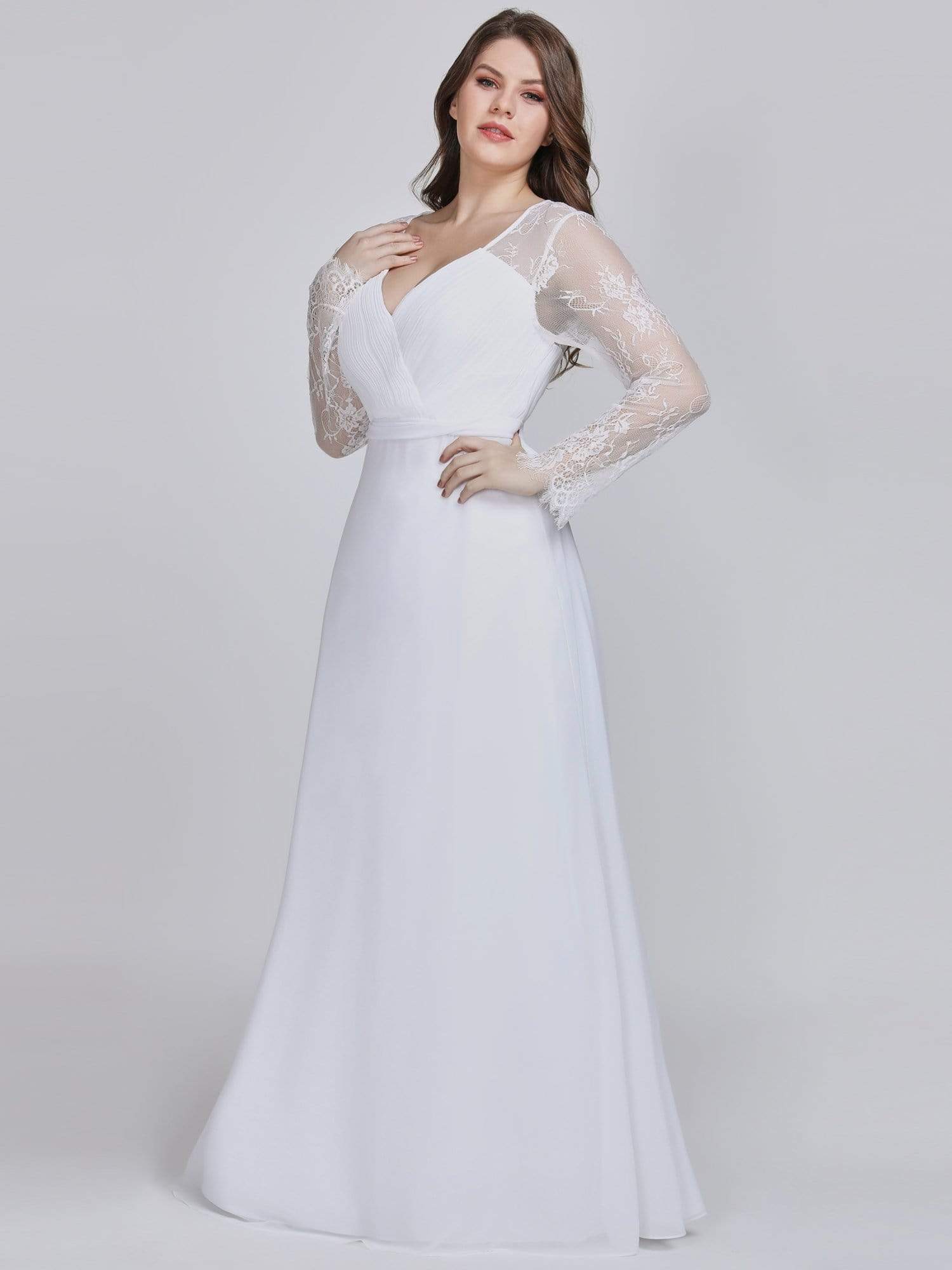 Color=White | V Neck Long Evening Gown With Lace Sleeves-White 9 Color=White | V Neck Long Evening Gown With Lace Sleeves-White 9