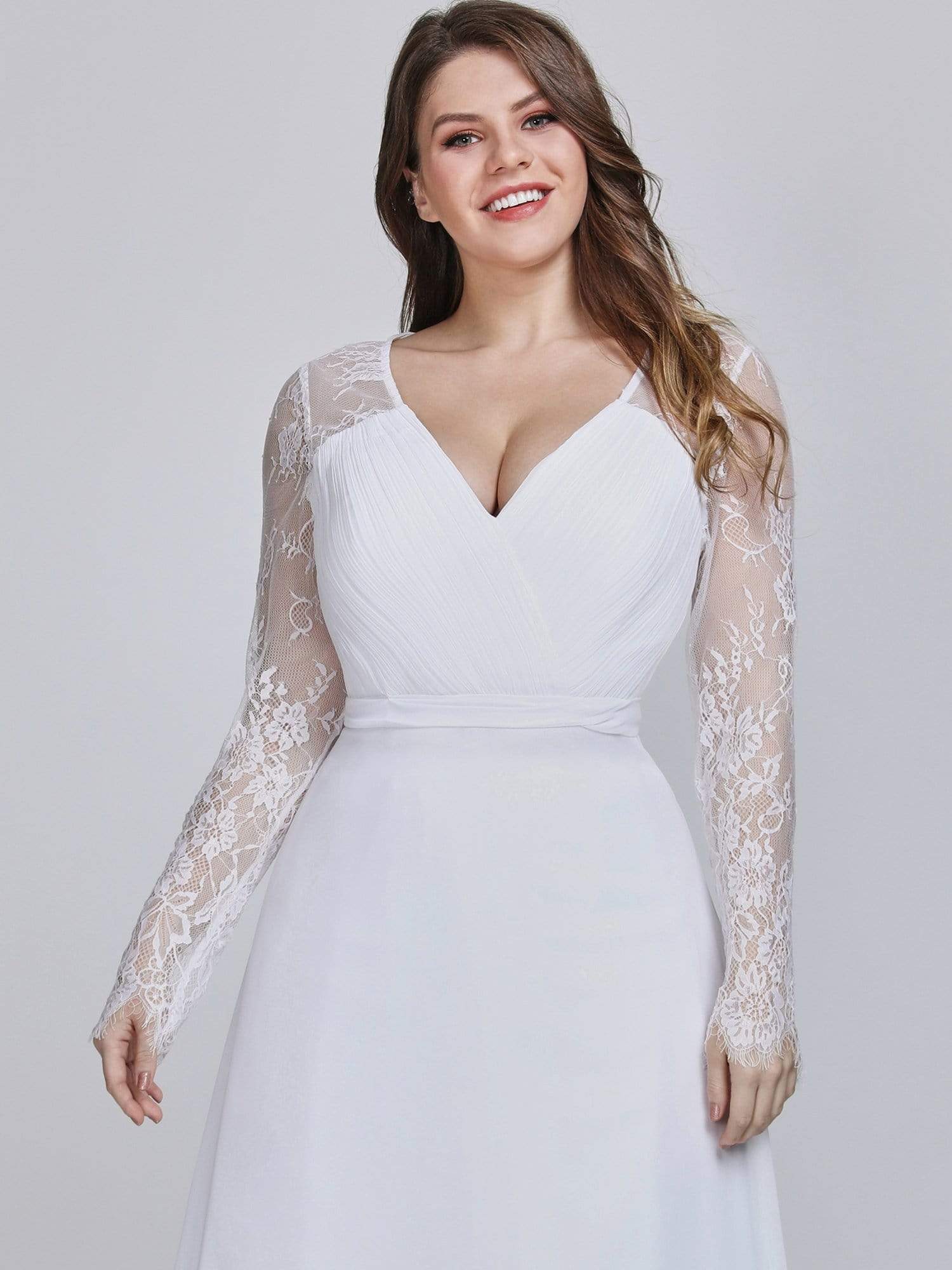 Color=White | V Neck Long Evening Gown With Lace Sleeves-White 10