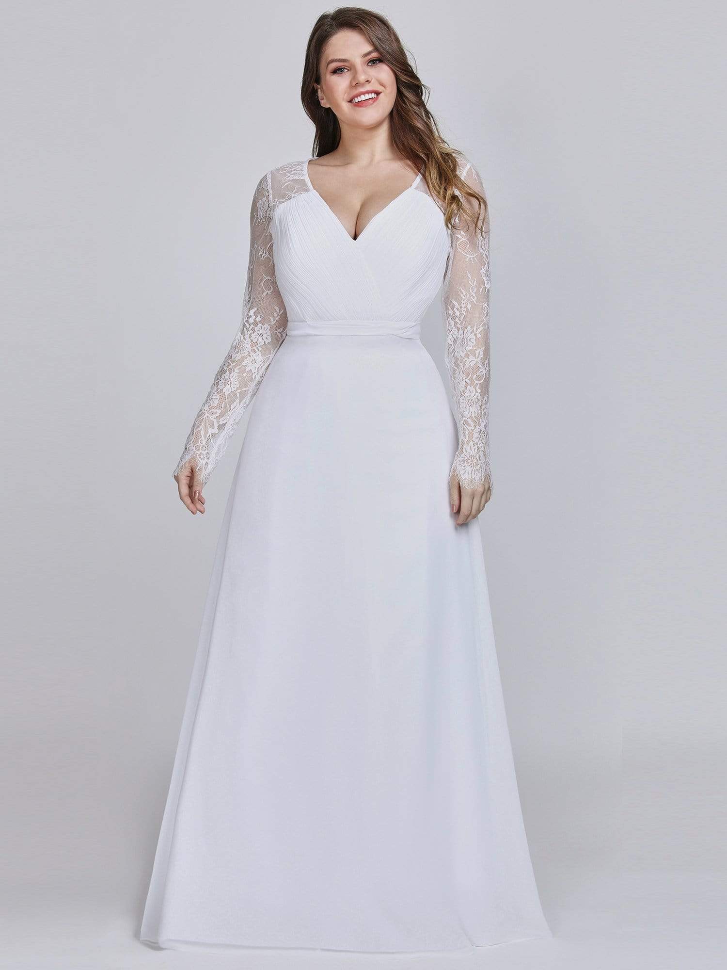 Color=White | V Neck Long Evening Gown With Lace Sleeves-White 6 Color=White | V Neck Long Evening Gown With Lace Sleeves-White 6