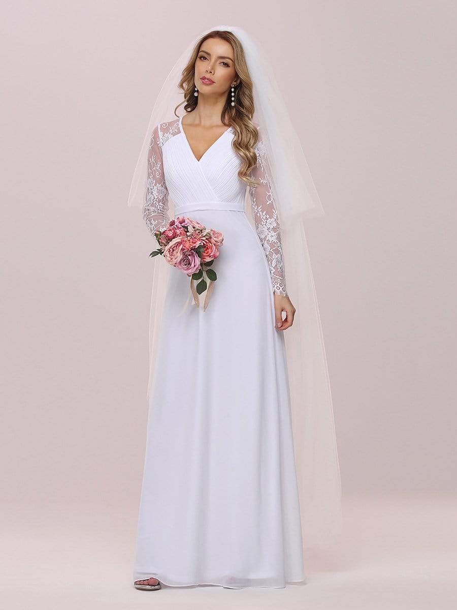 Color=White | Minimalist V-Neck Chiffon Wedding Dress With Long Sleeves-White 5 Color=White | Minimalist V-Neck Chiffon Wedding Dress With Long Sleeves-White 5