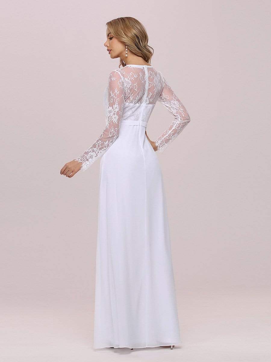 Color=White | Minimalist V-Neck Chiffon Wedding Dress With Long Sleeves-White 6 Color=White | Minimalist V-Neck Chiffon Wedding Dress With Long Sleeves-White 6