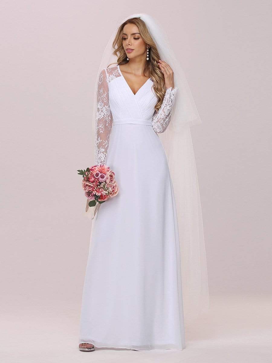 Color=White | Minimalist V-Neck Chiffon Wedding Dress With Long Sleeves-White 7 Color=White | Minimalist V-Neck Chiffon Wedding Dress With Long Sleeves-White 7