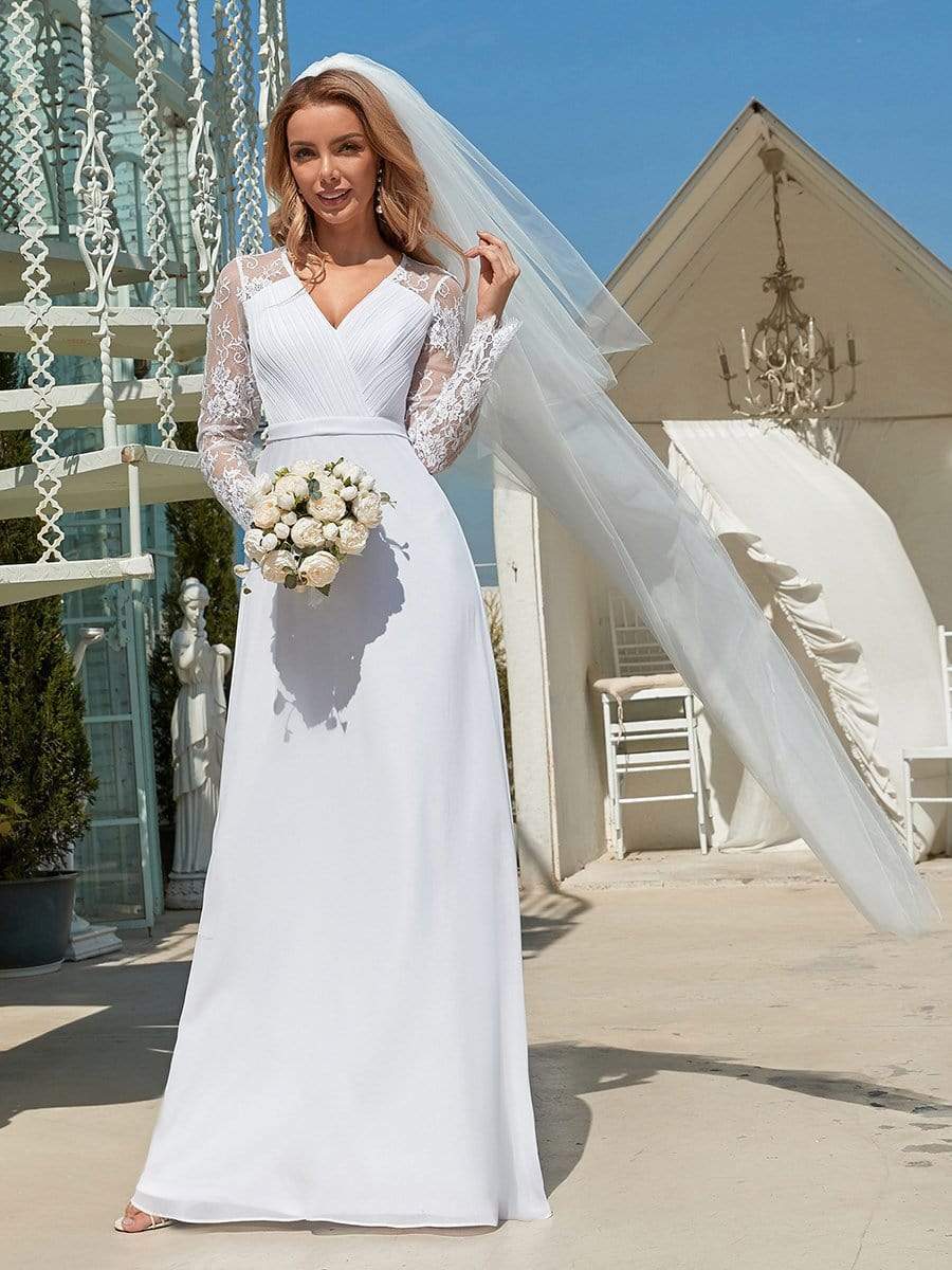 Color=White | Minimalist V-Neck Chiffon Wedding Dress With Long Sleeves-White 2 Color=White | Minimalist V-Neck Chiffon Wedding Dress With Long Sleeves-White 2