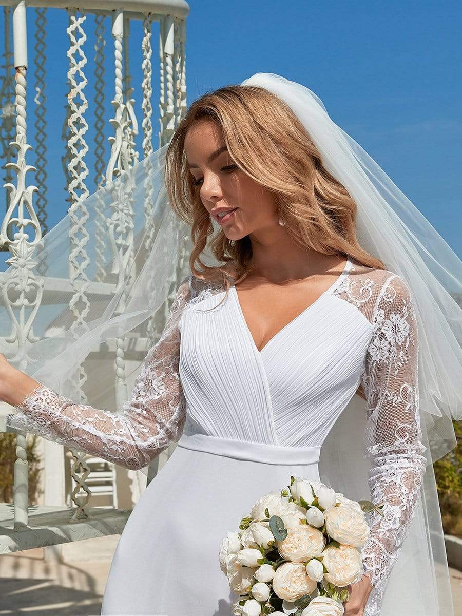 Color=White | Minimalist V-Neck Chiffon Wedding Dress With Long Sleeves-White 4 Color=White | Minimalist V-Neck Chiffon Wedding Dress With Long Sleeves-White 4