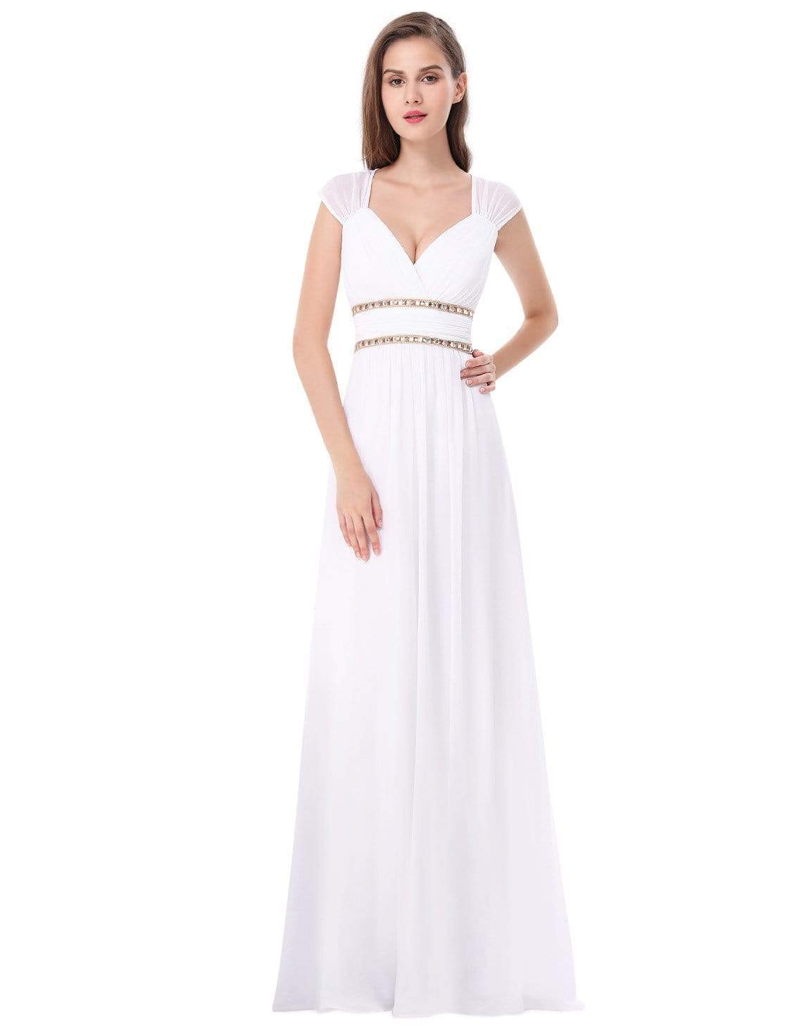 COLOR=White | Sleeveless Grecian Style Evening Dress-White 3