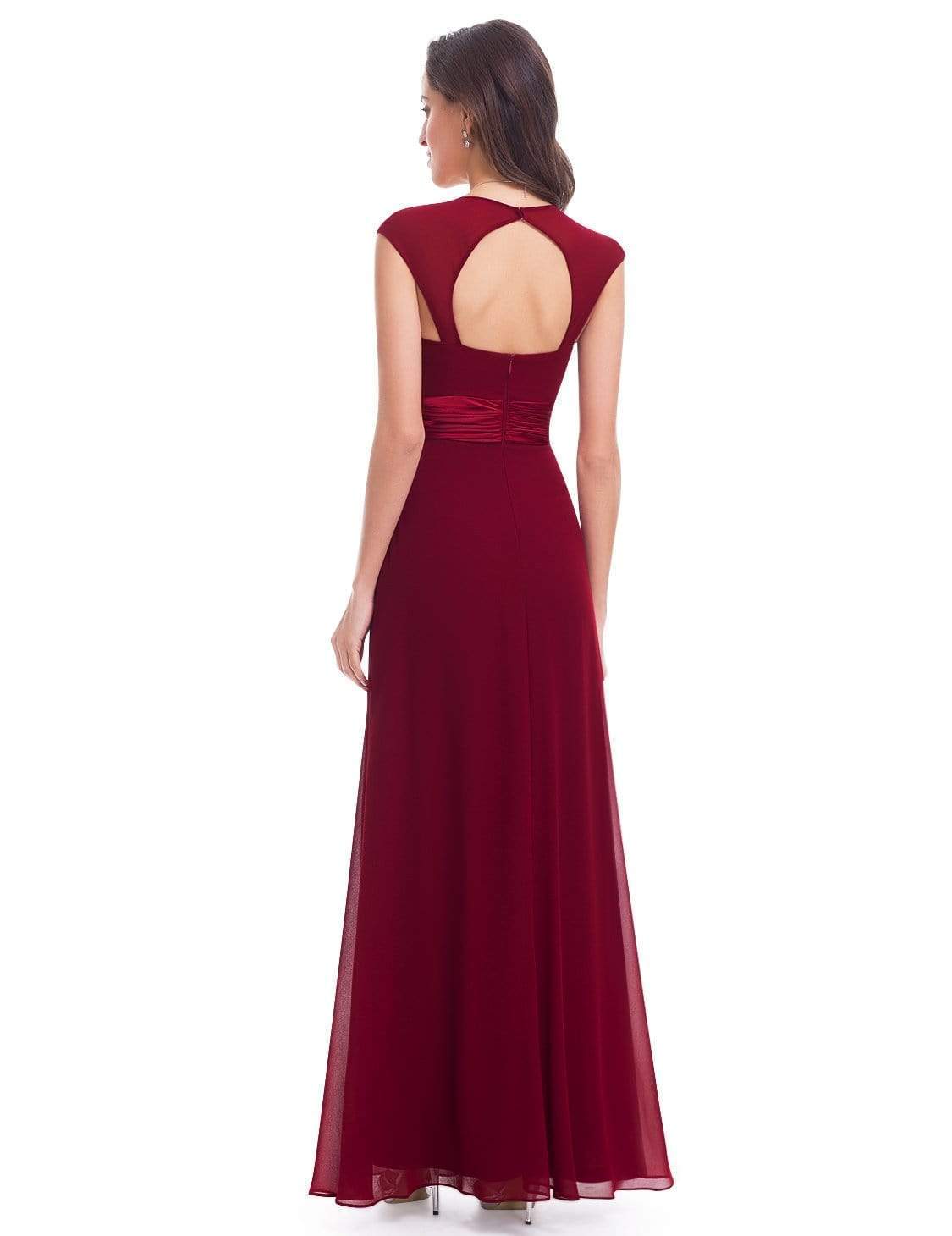 Color=Burgundy | Sleeveless Floor Length Evening Dress With Empire Waist-Burgundy 3