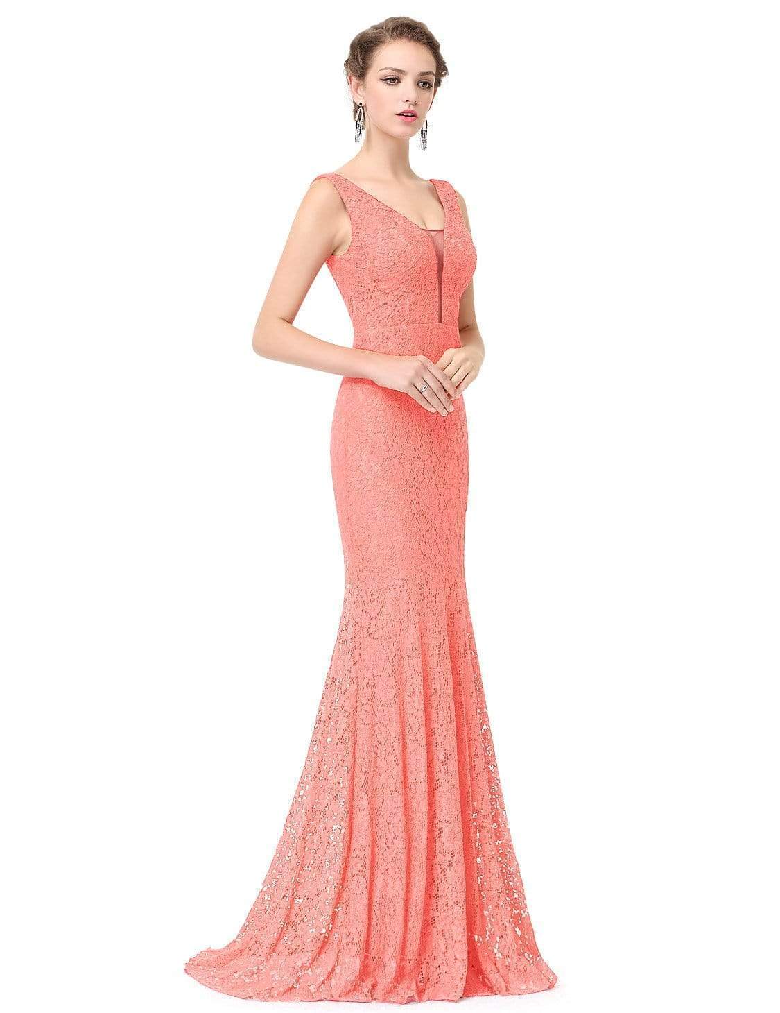 Color=Peach | Sexy Fitted Lace Mermaid Style Evening Gown-Peach 1 Color=Peach | Sexy Fitted Lace Mermaid Style Evening Gown-Peach 1