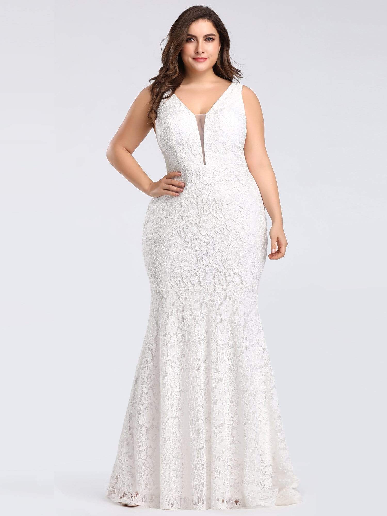 Color=White | Sexy Fitted Lace Mermaid Style Evening Gown-White 7