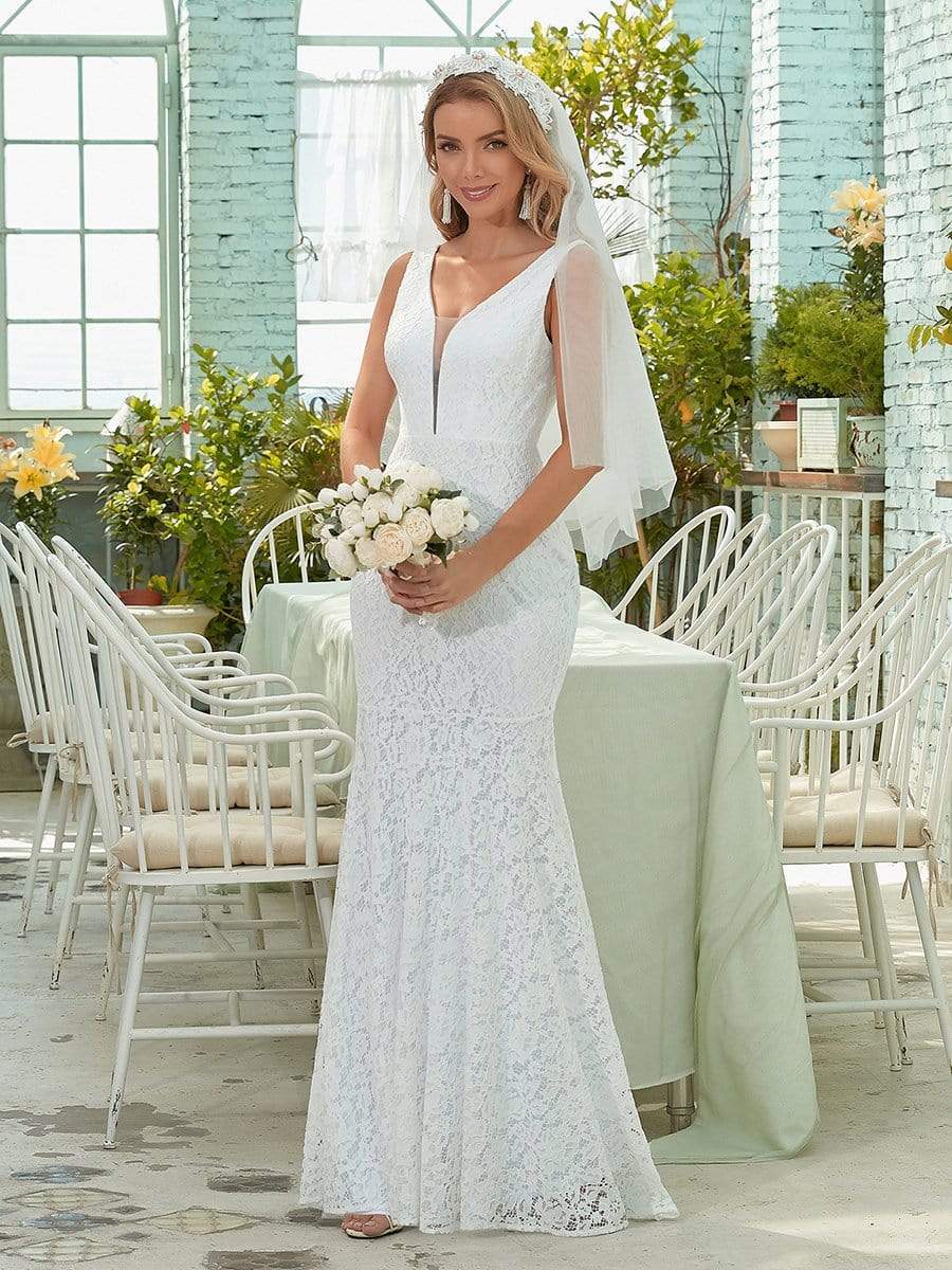 Color=White | Dainty Deep V Neck Sleeveless Fishtail Lace Wedding Dress-White 1 Color=White | Dainty Deep V Neck Sleeveless Fishtail Lace Wedding Dress-White 1