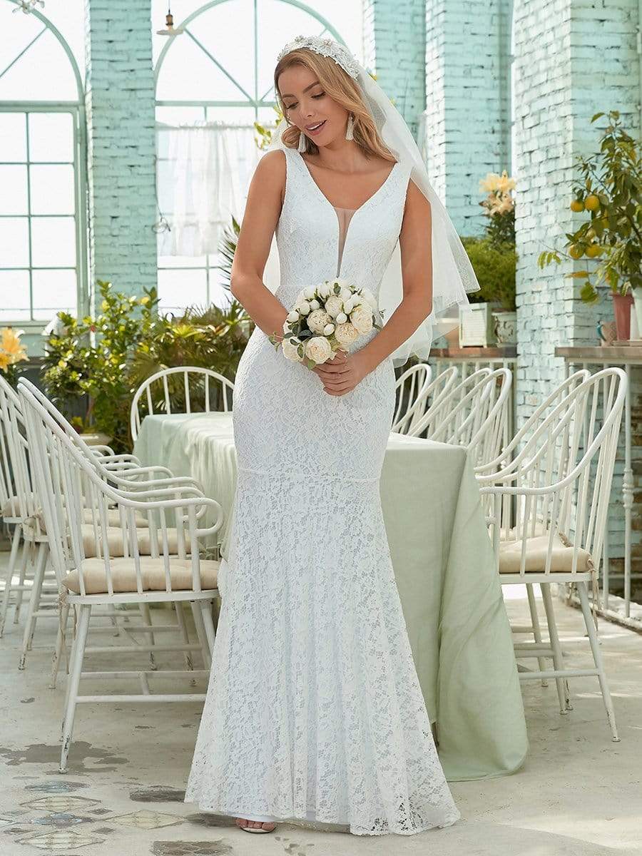 Color=White | Dainty Deep V Neck Sleeveless Fishtail Lace Wedding Dress-White 4 Color=White | Dainty Deep V Neck Sleeveless Fishtail Lace Wedding Dress-White 4