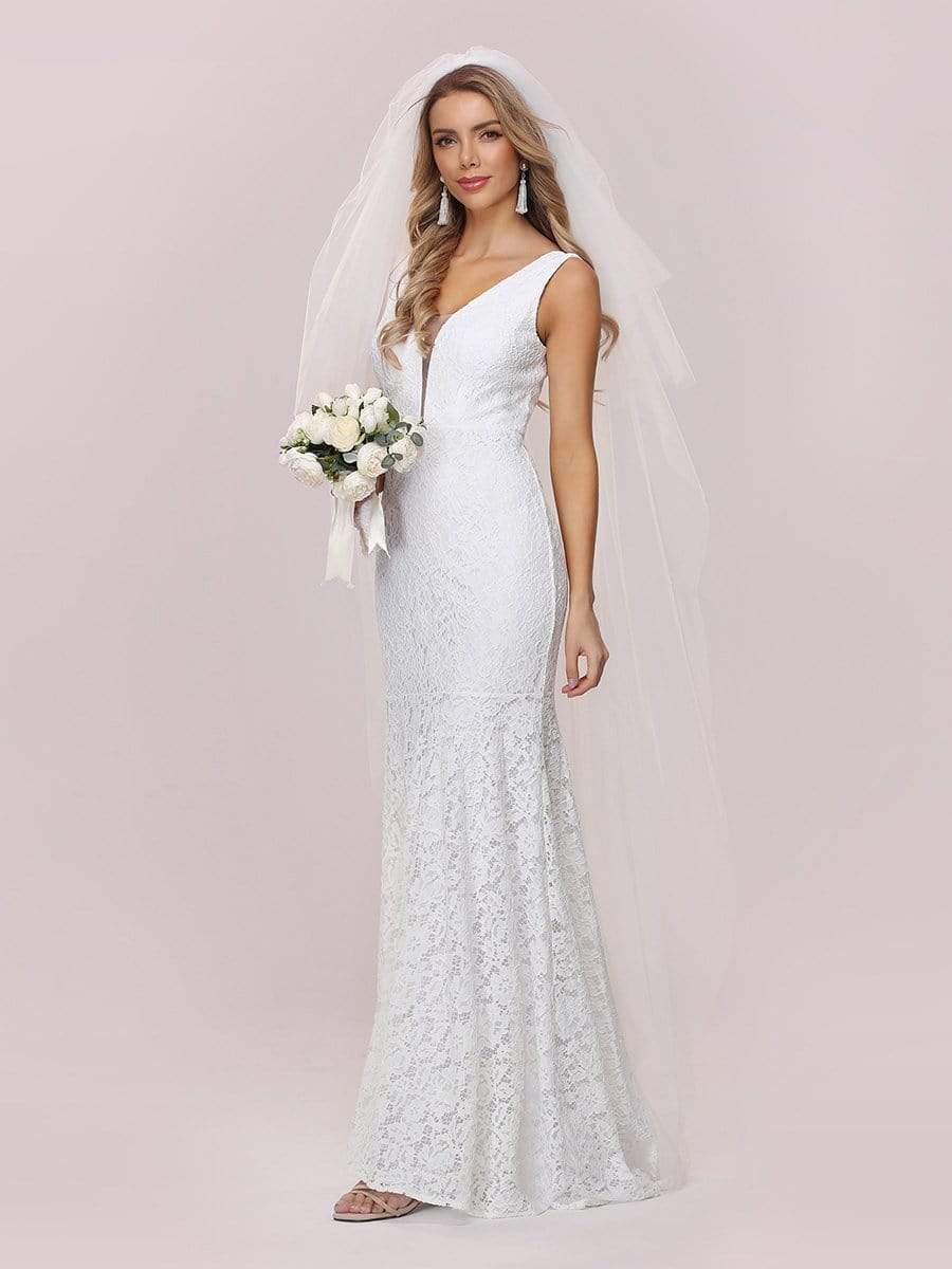 Color=White | Dainty Deep V Neck Sleeveless Fishtail Lace Wedding Dress-White 5 Color=White | Dainty Deep V Neck Sleeveless Fishtail Lace Wedding Dress-White 5