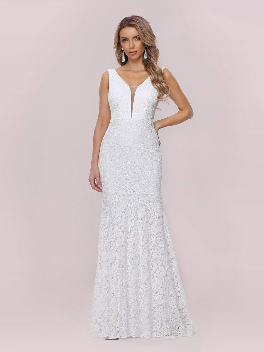 Color=White | Dainty Deep V Neck Sleeveless Fishtail Lace Wedding Dress-White 6 Color=White | Dainty Deep V Neck Sleeveless Fishtail Lace Wedding Dress-White 6
