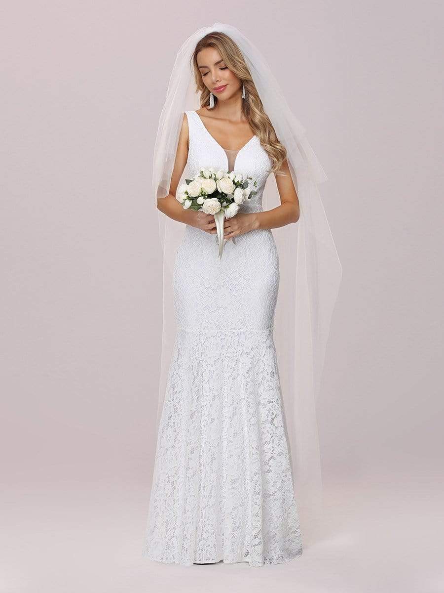 Color=White | Dainty Deep V Neck Sleeveless Fishtail Lace Wedding Dress-White 7 Color=White | Dainty Deep V Neck Sleeveless Fishtail Lace Wedding Dress-White 7