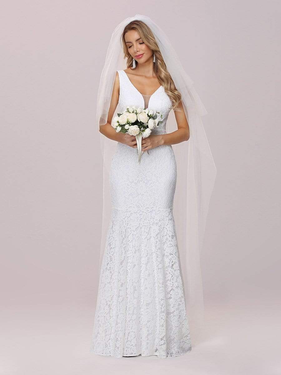 Color=White | Dainty Deep V Neck Sleeveless Fishtail Lace Wedding Dress-White 7