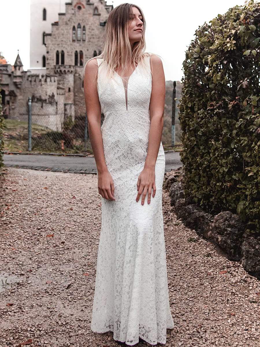 COLOR=White | Sexy Fitted Lace Mermaid Style Evening Gown-White 4 COLOR=White | Sexy Fitted Lace Mermaid Style Evening Gown-White 4