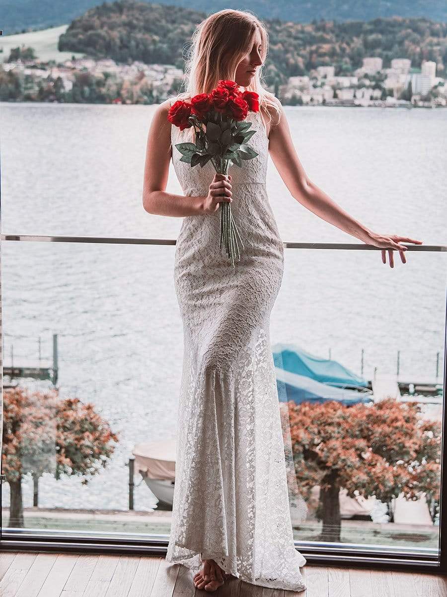 COLOR=White | Sexy Fitted Lace Mermaid Style Evening Gown-White 1