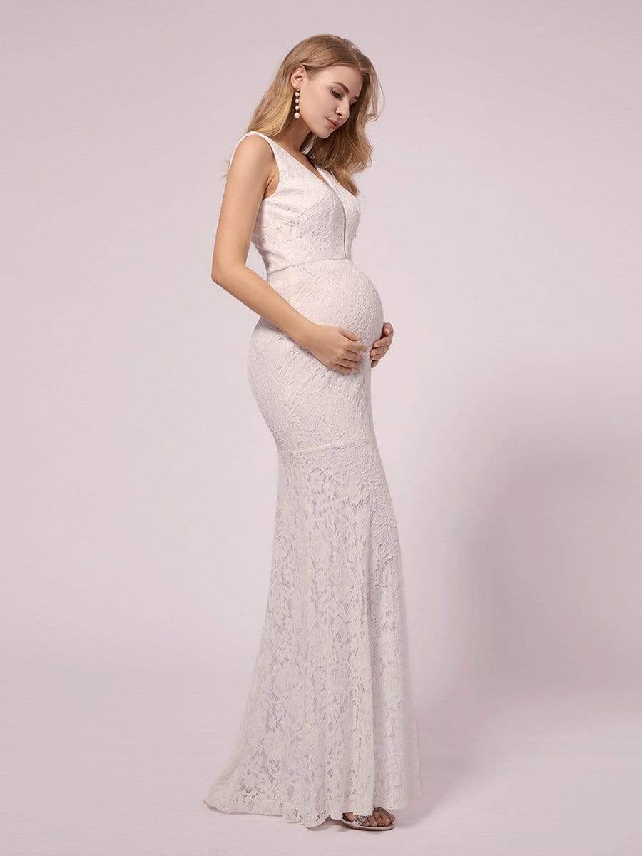COLOR=White | Deep V Neck Lace Mermaid Maternity Dress-White 4