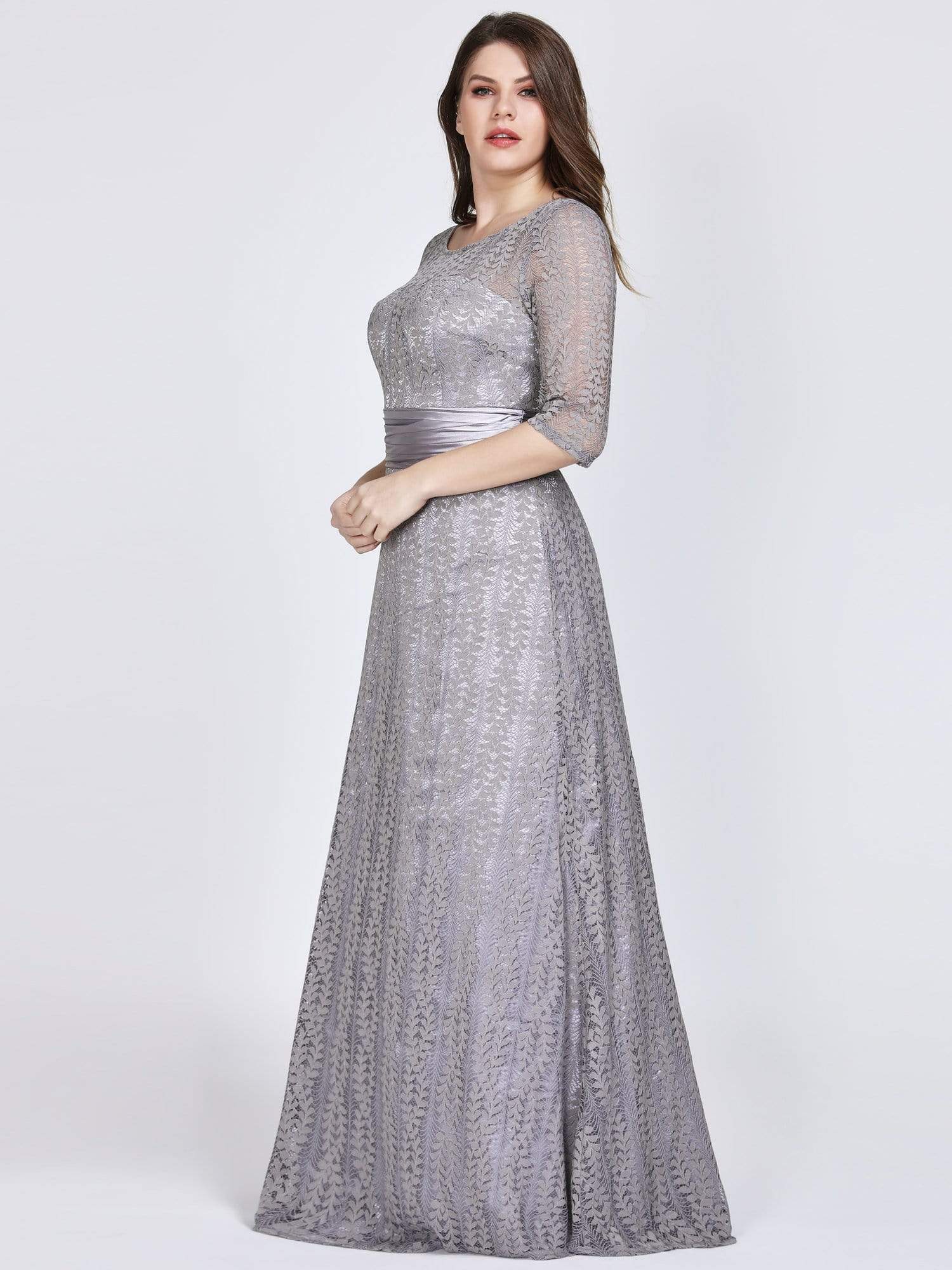 Color=Grey | Plus Size Long Sleeve Lace Formal Mother Of The Bride Dress-Grey 3 Color=Grey | Plus Size Long Sleeve Lace Formal Mother Of The Bride Dress-Grey 3