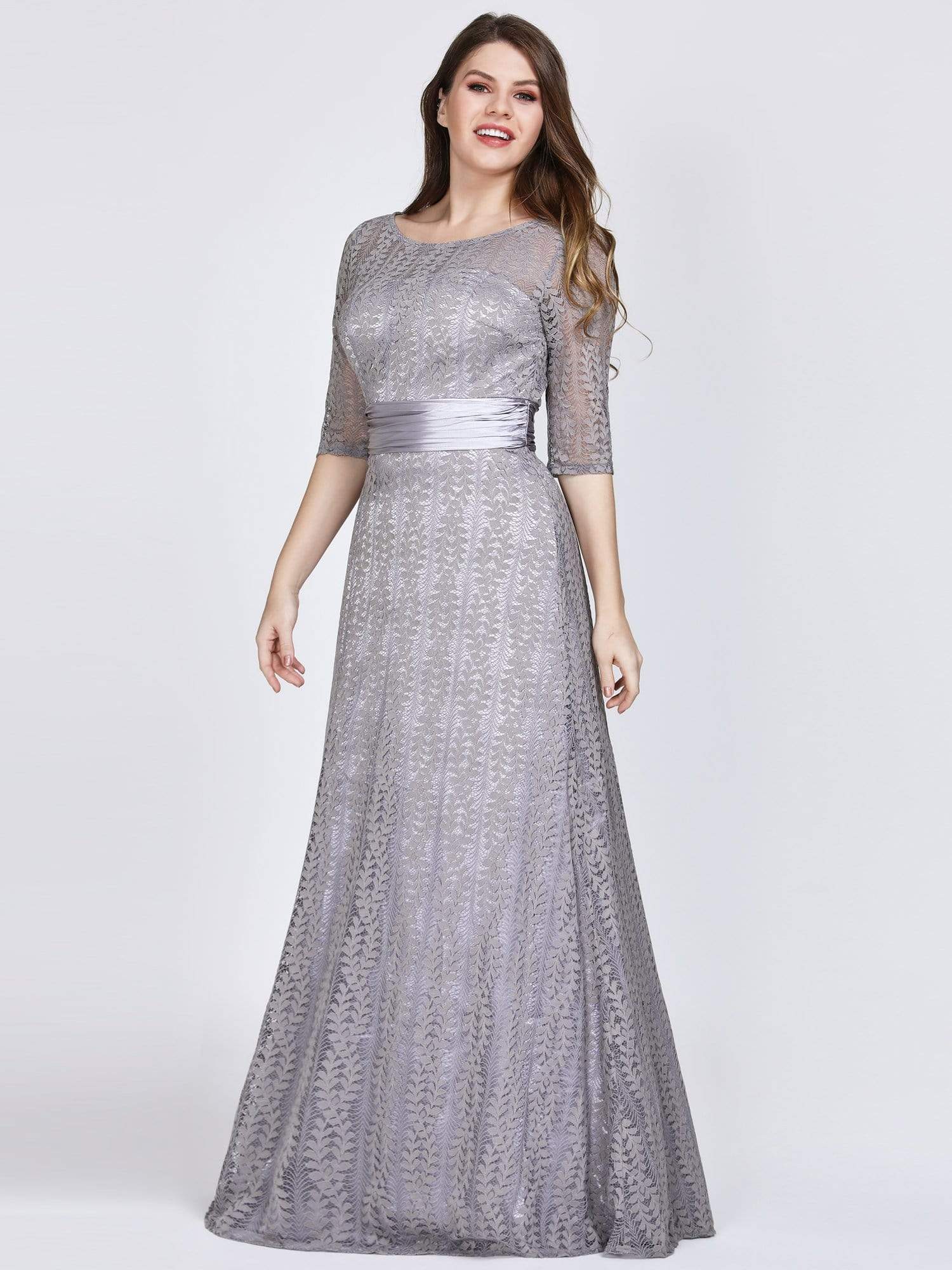 Color=Grey | Plus Size Long Sleeve Lace Formal Mother Of The Bride Dress-Grey 4 Color=Grey | Plus Size Long Sleeve Lace Formal Mother Of The Bride Dress-Grey 4