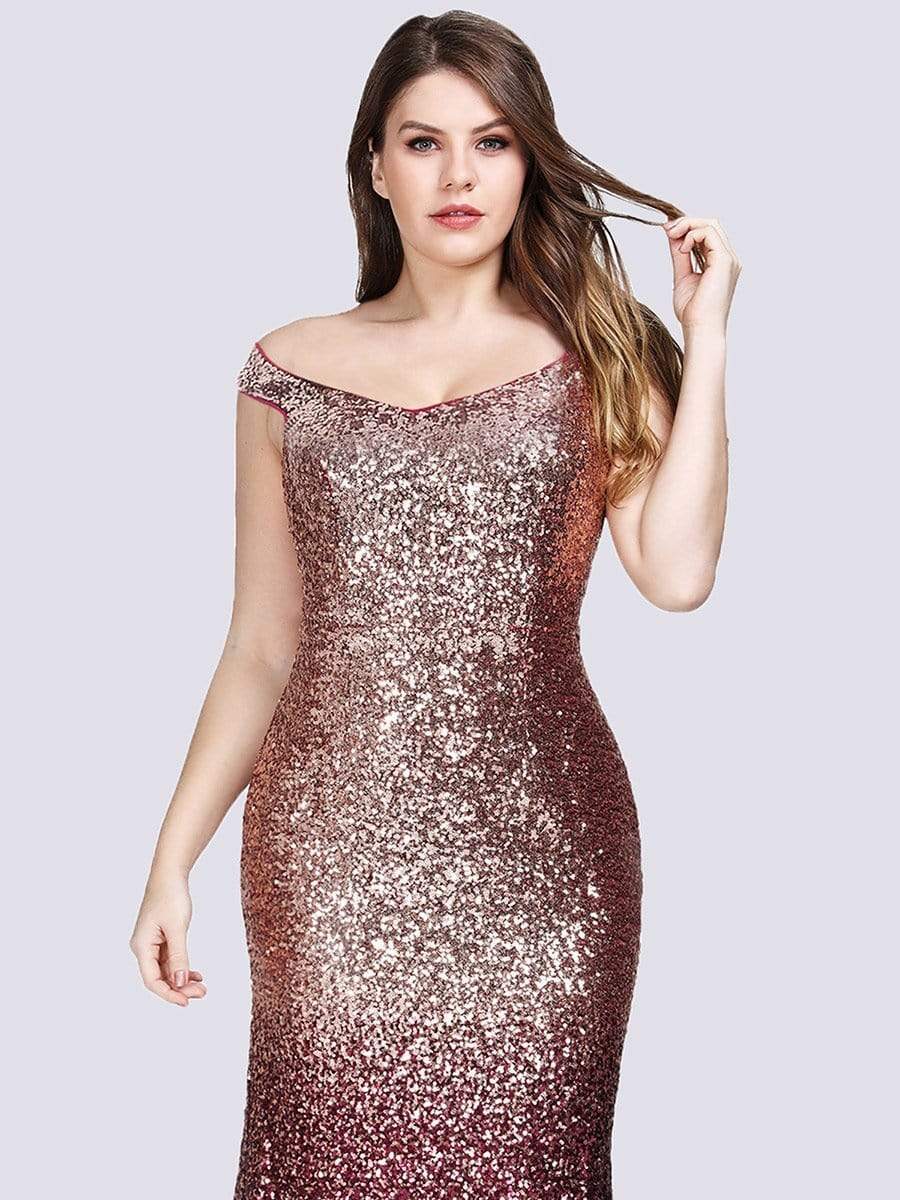 Color=Red | Plus Size Off Shoulder Floor Length Sequins Evening Gown-Red 5 Color=Red | Plus Size Off Shoulder Floor Length Sequins Evening Gown-Red 5