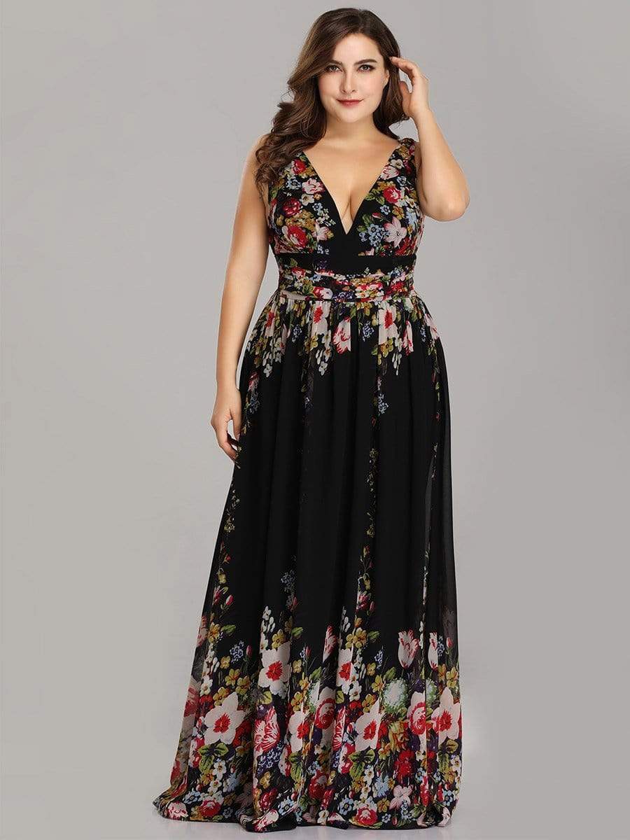 COLOR=Black and printed | Sleeveless V-Neck Semi-Formal Chiffon Maxi Dress-Black And Printed 4 COLOR=Black and printed | Sleeveless V-Neck Semi-Formal Chiffon Maxi Dress-Black And Printed 4